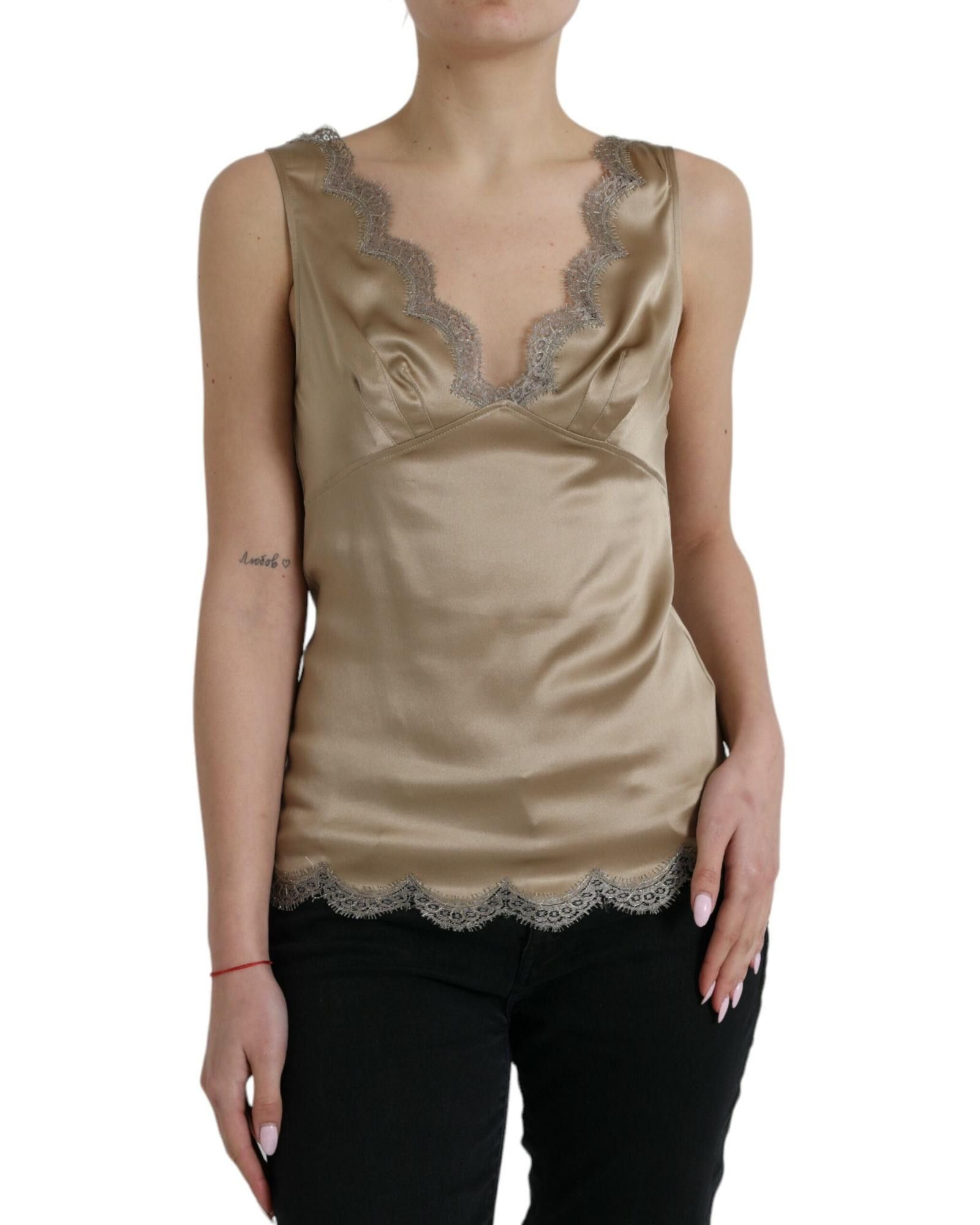 Image of Dolce Gabbana Lace Trim Sleeveless Tank Top in Brown, Women's (Size Small)