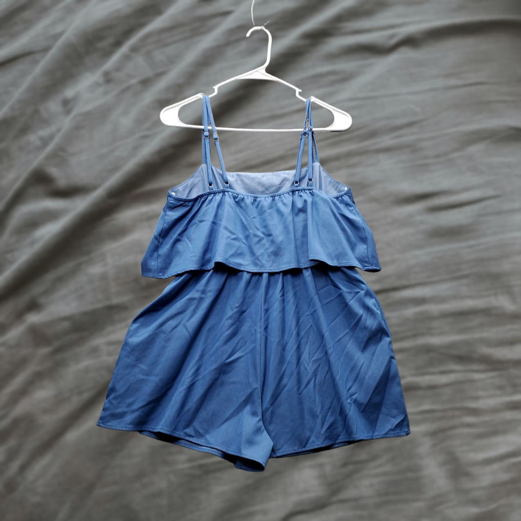 Lulus Lulus Short Romper Womens M Blue Stretch Flounce Layered Adjustable Strap - Size M Womens Color Blue Romper Shirt? Size 32" / US 10 / IT 46 - 1 Thumbnail