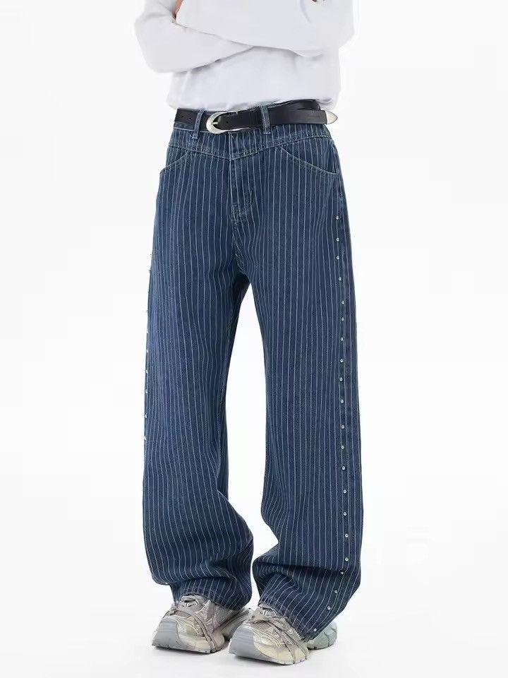 Jean Streetwear Designer Striped Rhinestone Baggy Jeans Size US 31 - 2 Thumbnail