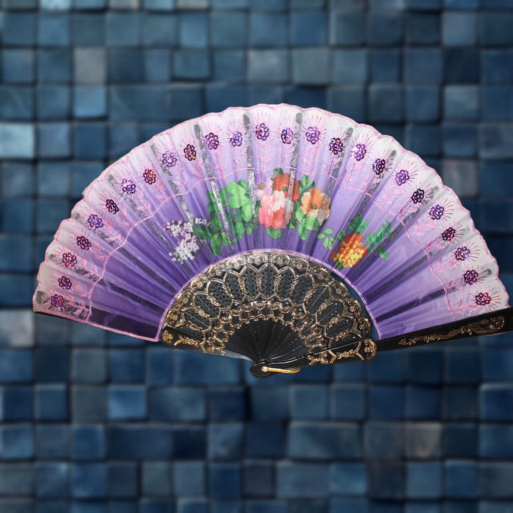 Vintage VINTAGE Small Hand Fan with Flowers and Sequins - 16 Inch Floral Decorative Fan - Adult Size ONE SIZE - 1 Thumbnail
