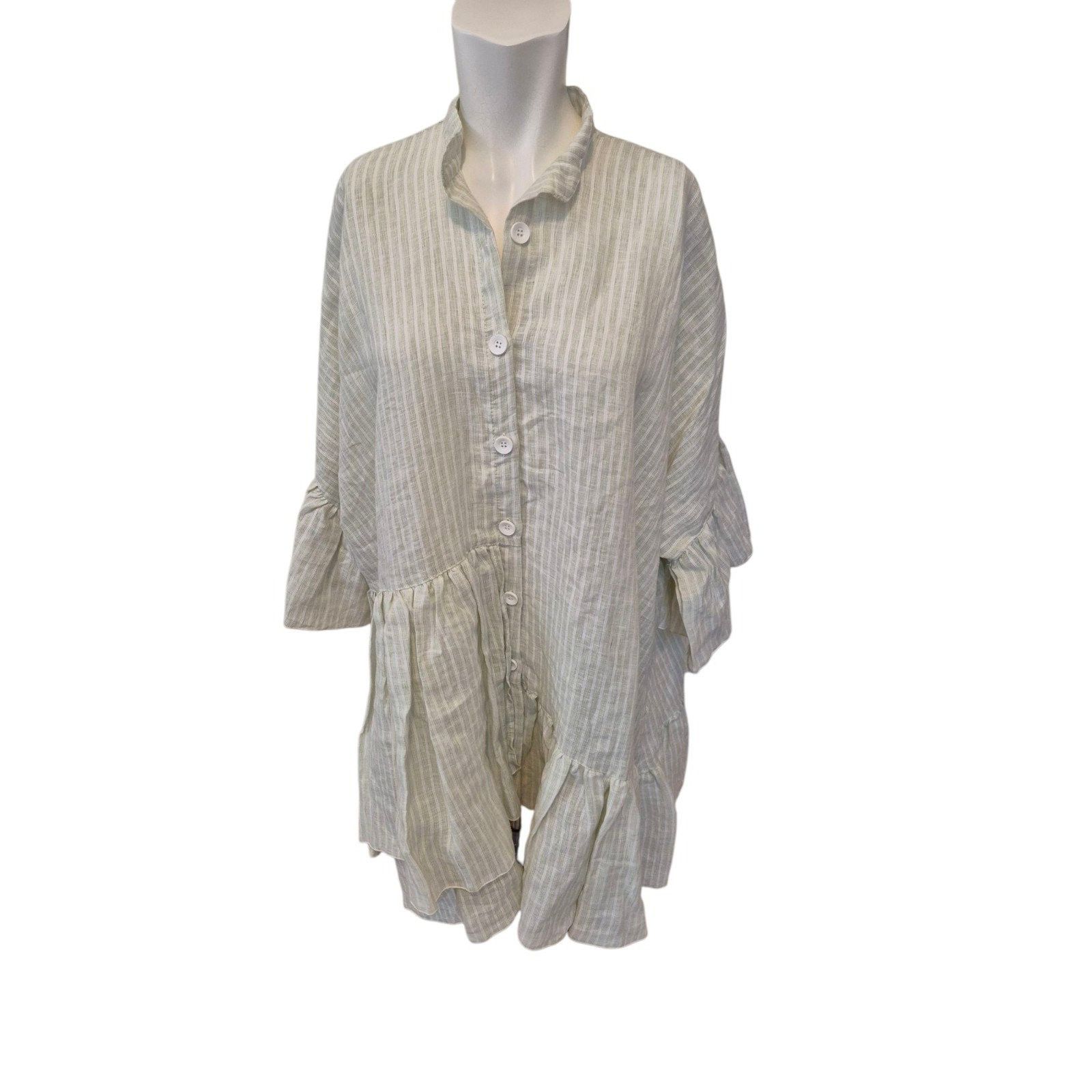 Other Aurelia Aqua Greek Boho Ruffle Linen Shirt Swing Dress Green Size ONE SIZE - 1 Thumbnail