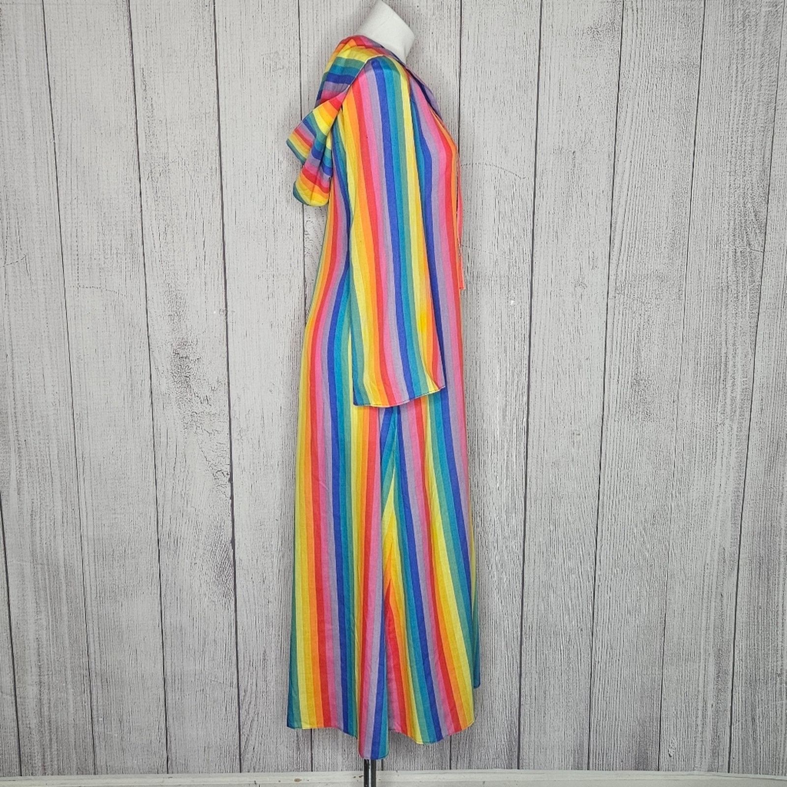 Vintage VTG OOAK Hooded Rainbow Stripe Maxi Dress, Flared Sleeves Size S / US 4 / IT 40 - 6 Thumbnail
