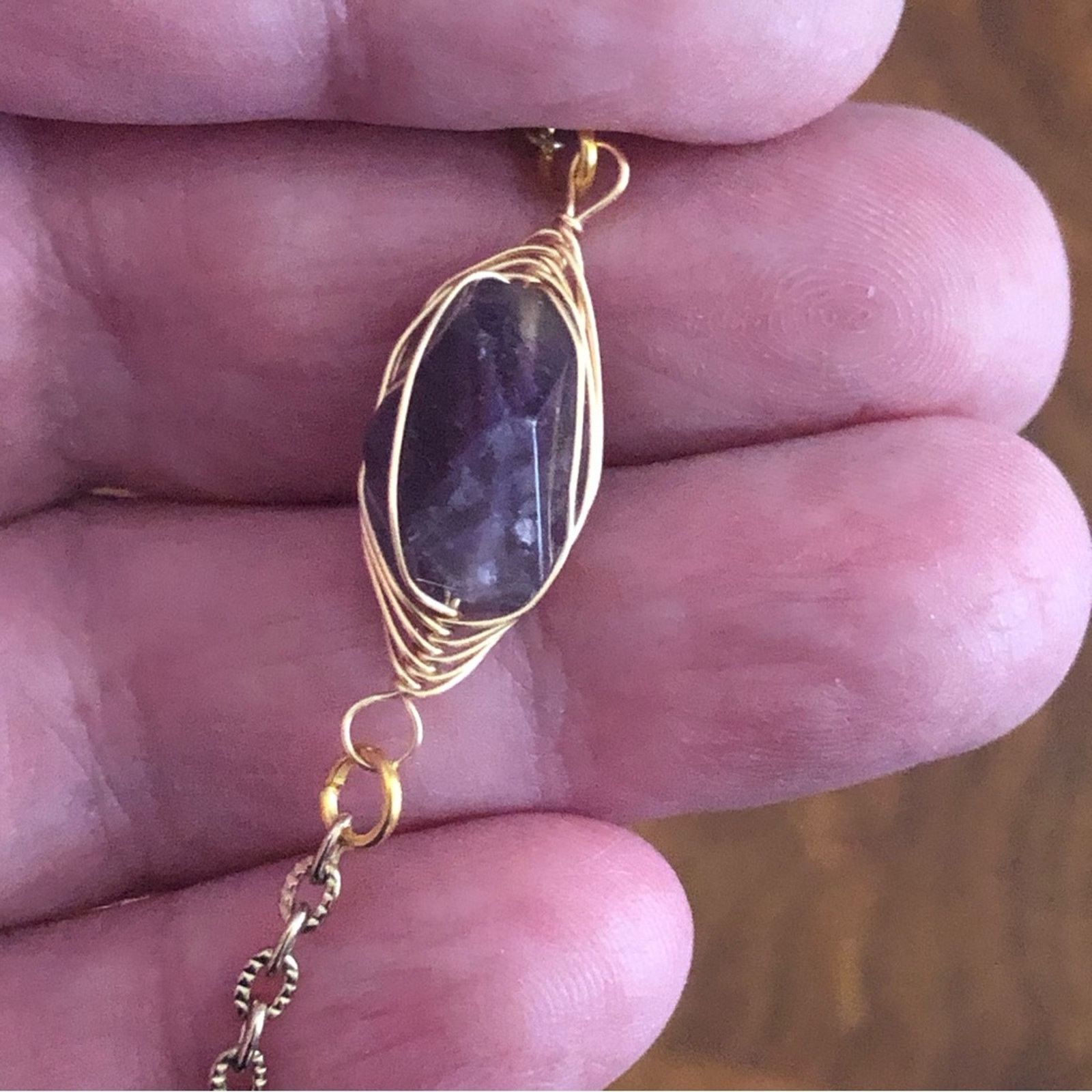 Handmade Handcrafted gold wire cage genuine amethyst stone necklace Size ONE SIZE - 2 Thumbnail