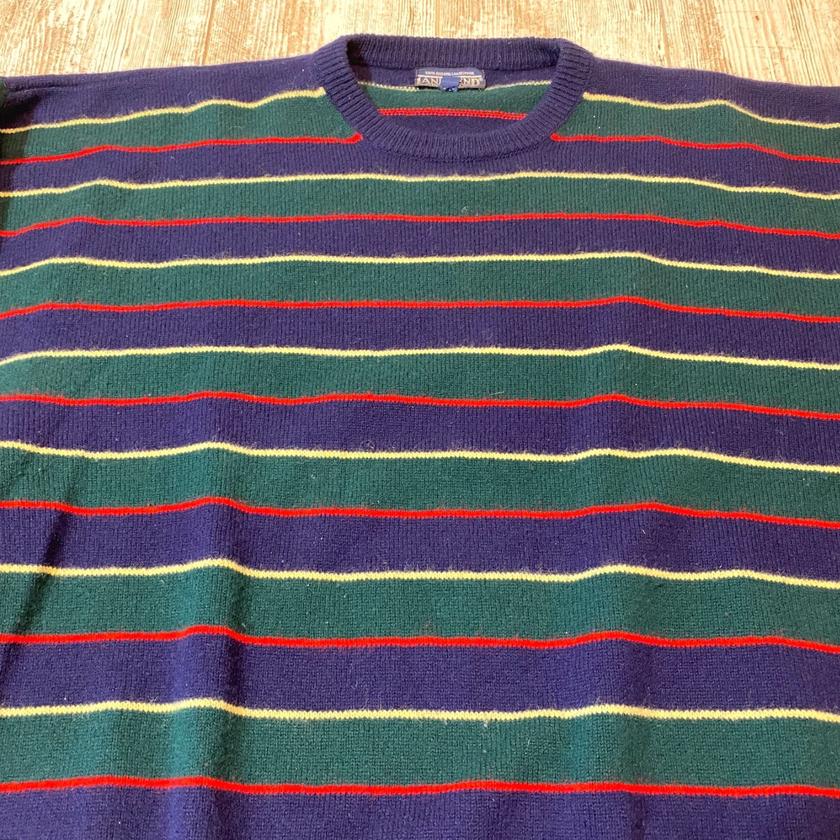 Lands' End VINTAGE Lands End Mens XL Blue Striped Geelong Lambswool Sweater Made Great Britain 7566 Size US XL / EU 56 / 4 - 5 Thumbnail