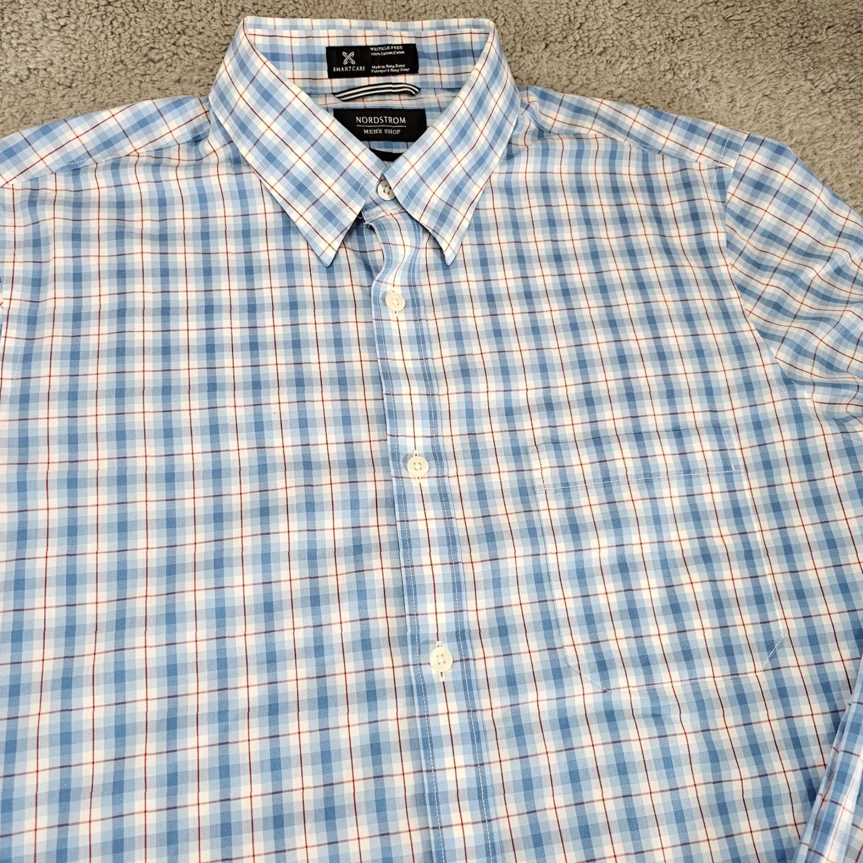 Nordstrom Nordstrom Dress Shirt Mens Large Blue Check Regular Fit Long Sleeve Woven Collared Button Cuff Pockets Size 42R - 2 Thumbnail