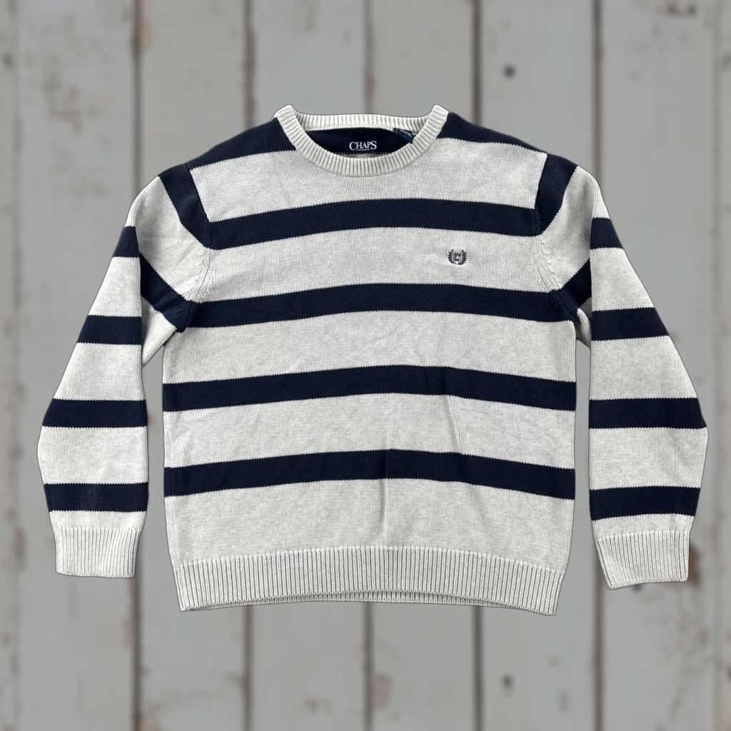 Chaps VINTAGE Chaps Sweater Men L White Blue Striped Cotton Logo Crew Neck Pullover Regular Size L Size US L / EU 52-54 / 3 - 1 Thumbnail