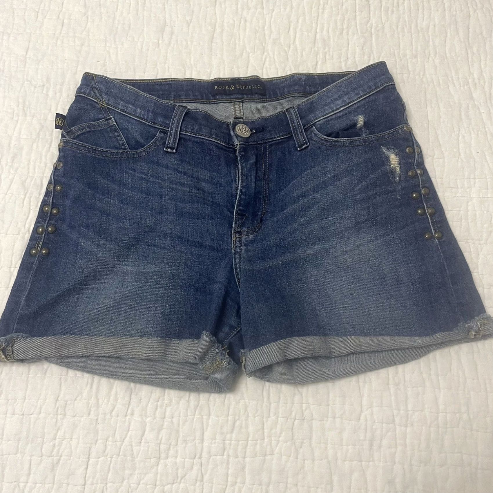Vintage Rock & Republic Bumpershoot Cut Off Distressed Jean Shorts Low Rise Womens Sz 10 Casual Denim 5-Pocket Stretch Blue Womens Pre-owned Size 27" / US 4 / IT 40 - 2 Thumbnail