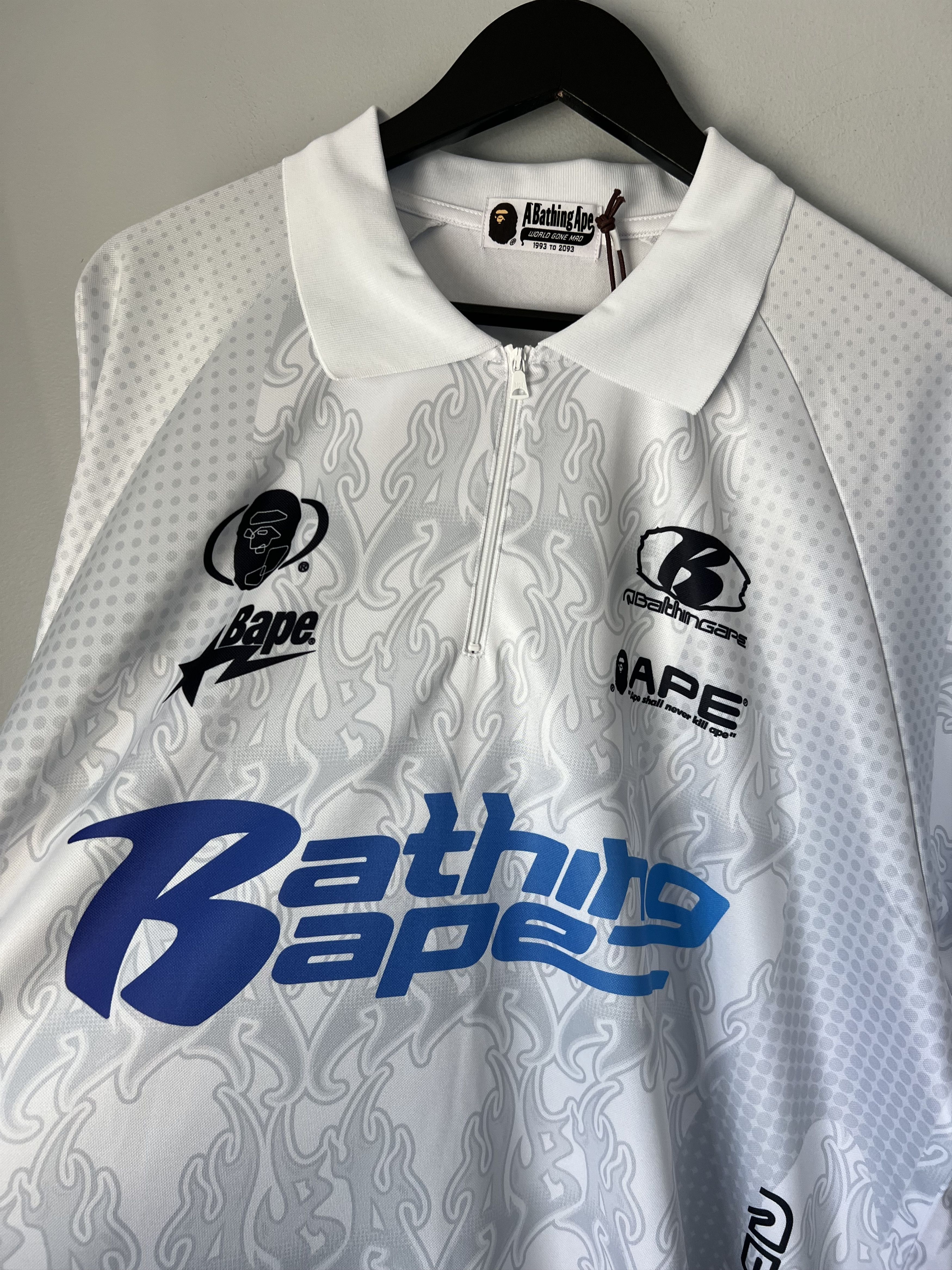 Bape Bape Flame Pattern Overall Half Zip Polo Jersey in White Size US L / EU 52-54 / 3 - 3 Thumbnail