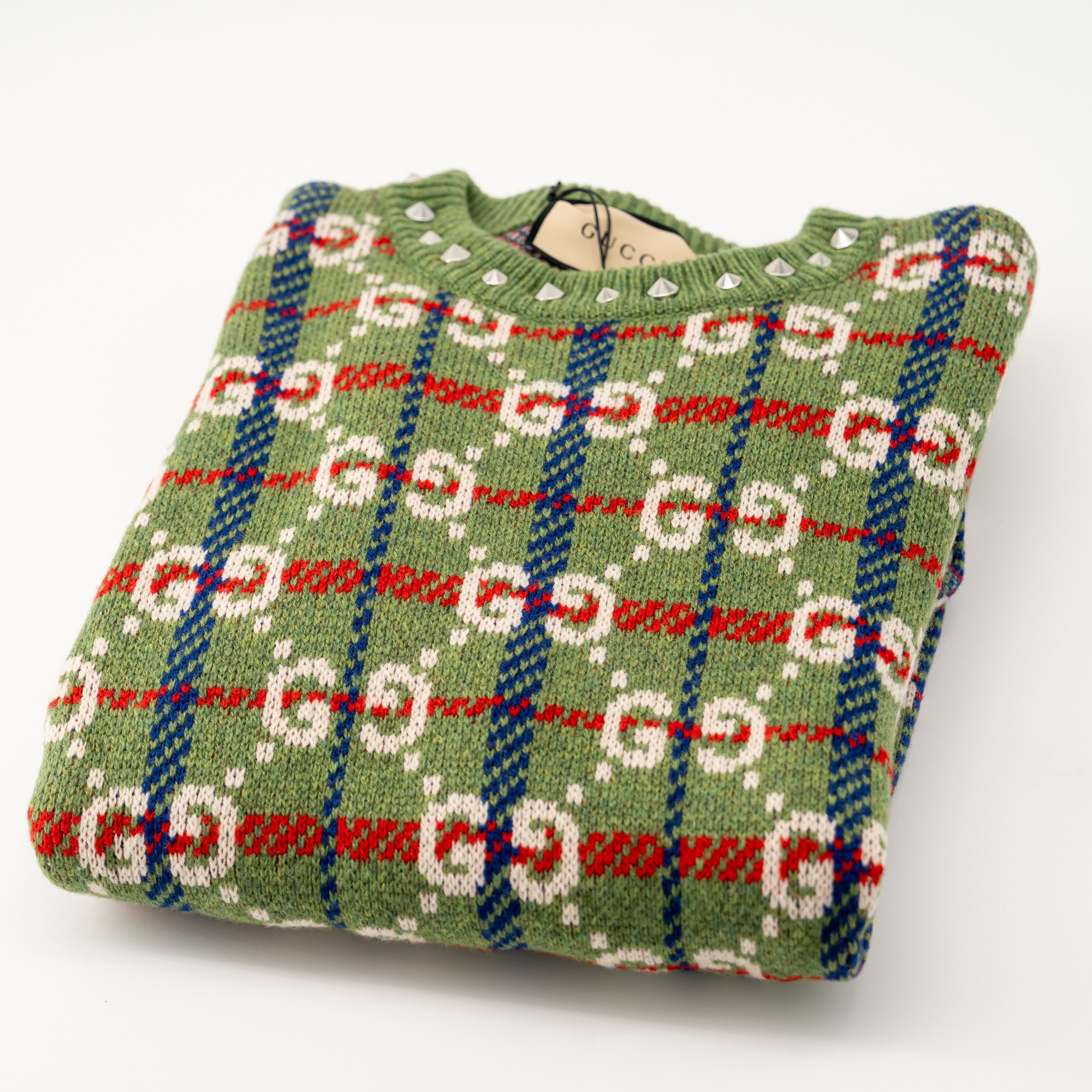 Gucci S - Gucci GG Check Knit Wool Sweater Neck Studs Green Size US S / EU 44-46 / 1 - 7 Thumbnail