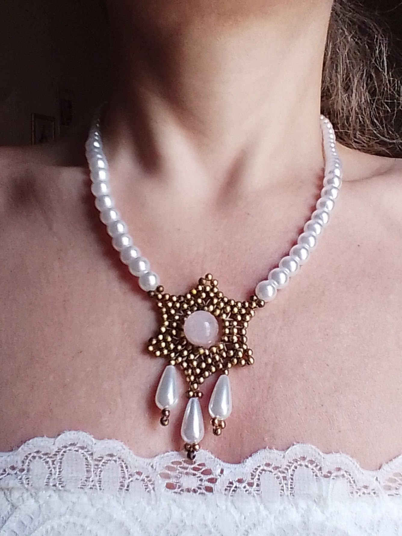 Handmade Elegant Pearls necklace Rose quartz Renaissance style Size ONE SIZE - 1 Thumbnail