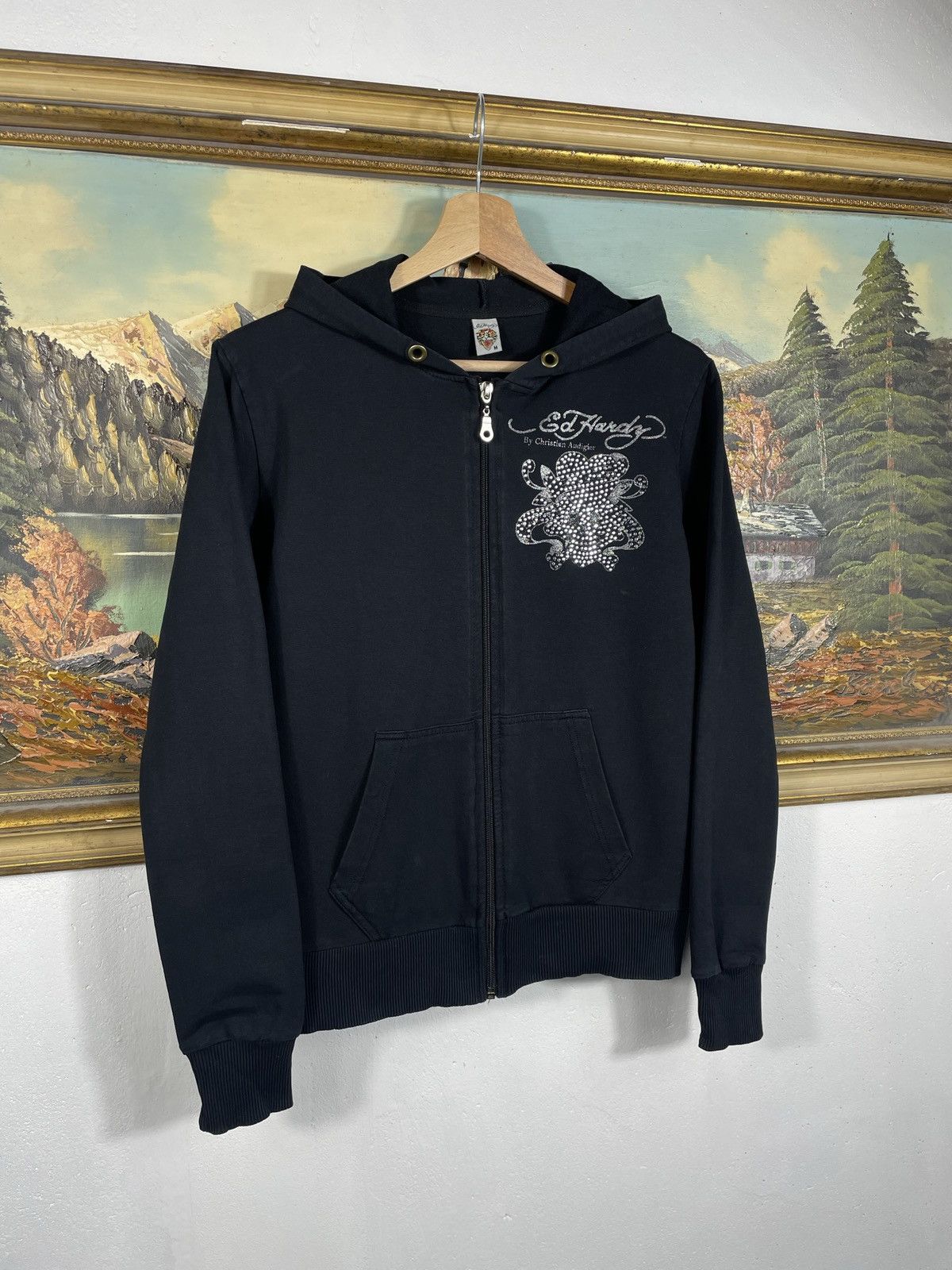 Christian Audigier × Ed Hardy × Vintage Ed Hardy Retro 00s Hoodie With Crystals Affliction Grunge Size US XXS / EU 40 - 4 Thumbnail