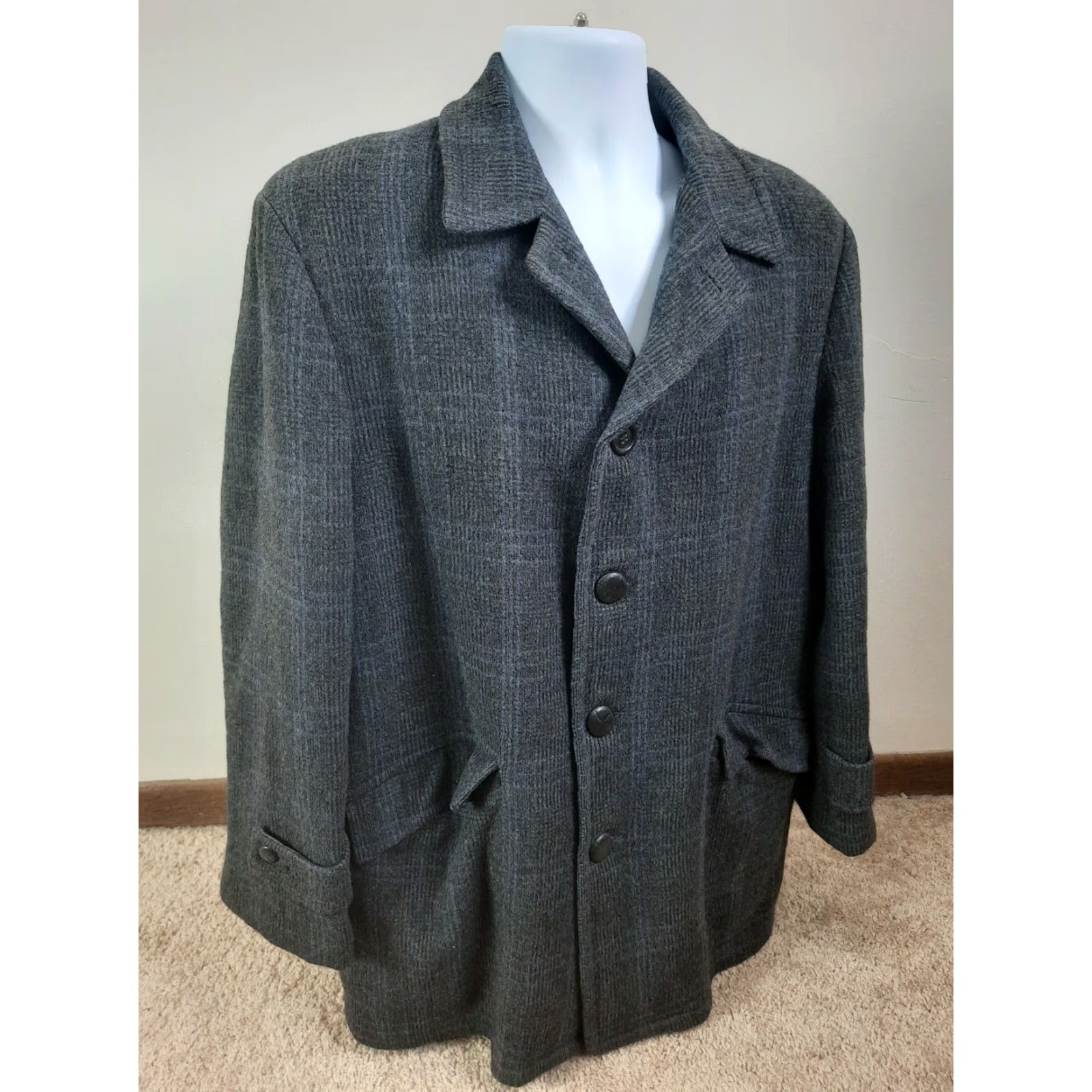 Vintage VINTAGE Fox Knapp PEACOAT WOOL COAT Gray Plaid Men's XL Coat Western Style - Mens XL Pea Coat Size US XL / EU 56 / 4 - 5 Thumbnail