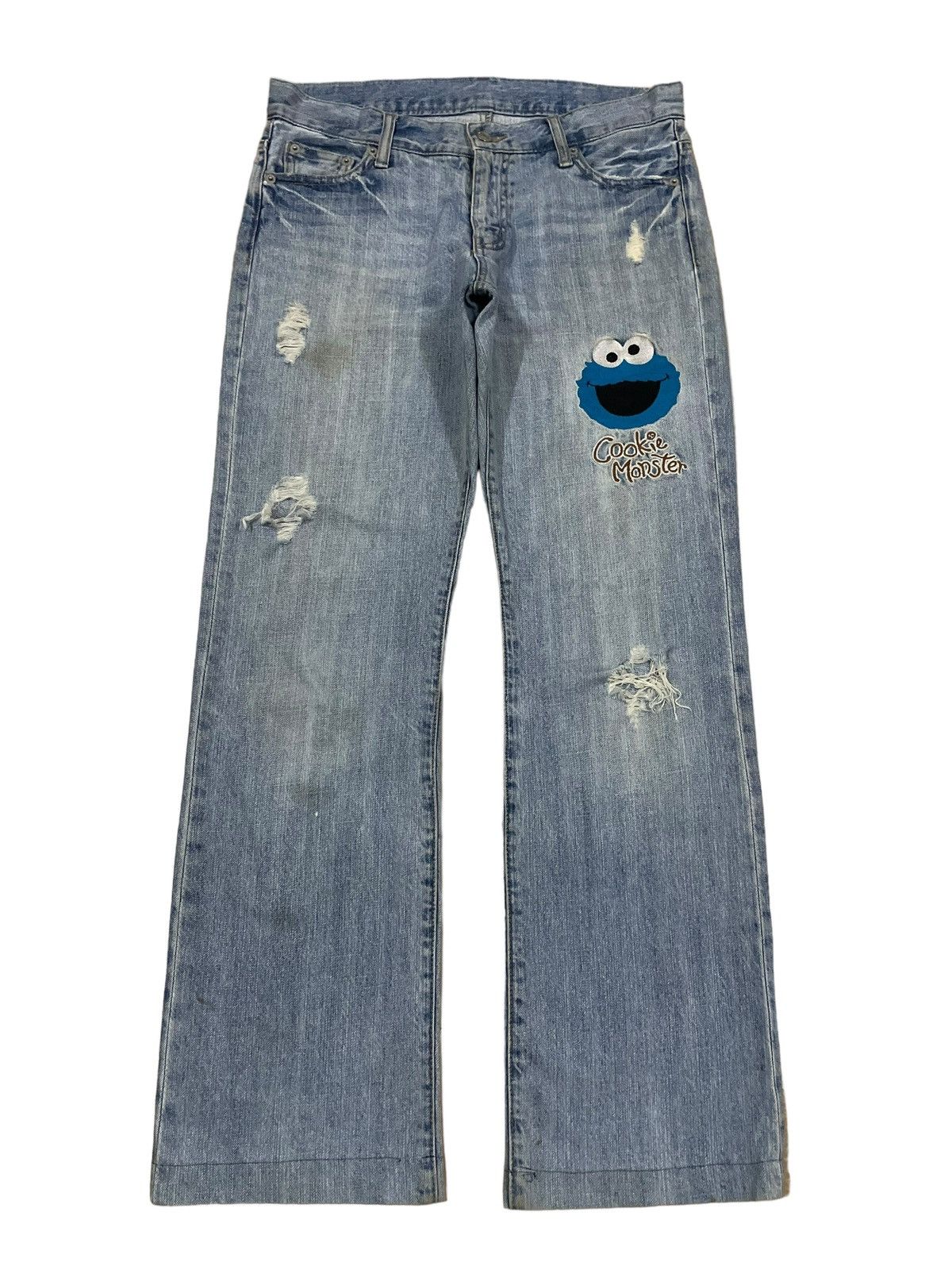 Cartoon Network Y2K Denim Cookie Monster Embroidery Distressed Rappers Jeans Size US 32 / EU 48 - 1 Thumbnail