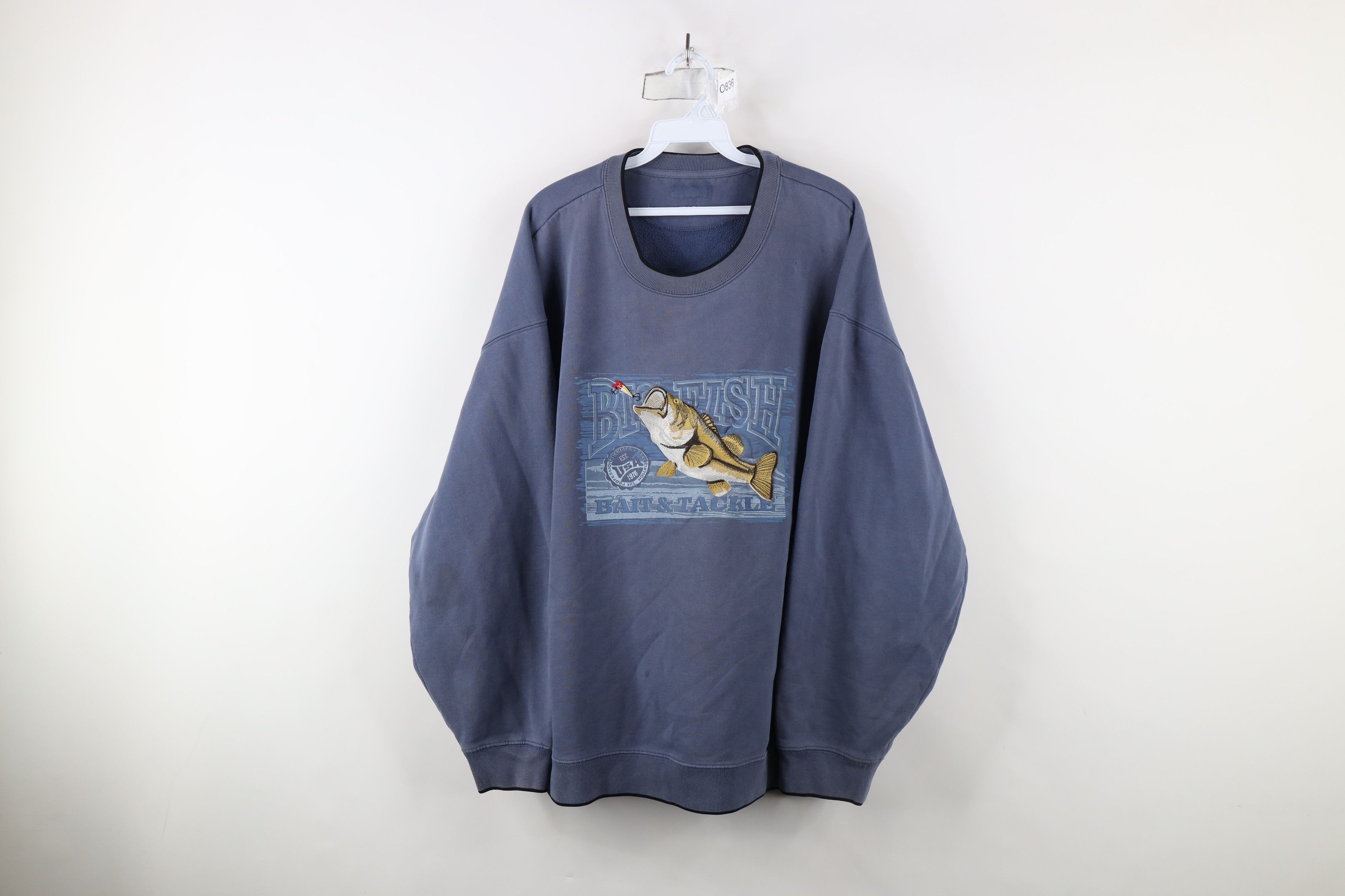 Vintage Vintage 90s Streetwear Big Fish Bass Fishing Sweatshirt Blue Size US XXL / EU 58 / 5 - 1 Thumbnail