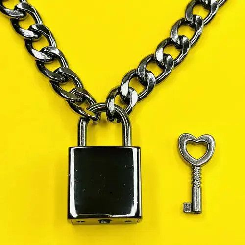 Jewelry Handmade Chunky Gunmetal Color Padlock Necklace Cuban Chain Size ONE SIZE - 2 Thumbnail