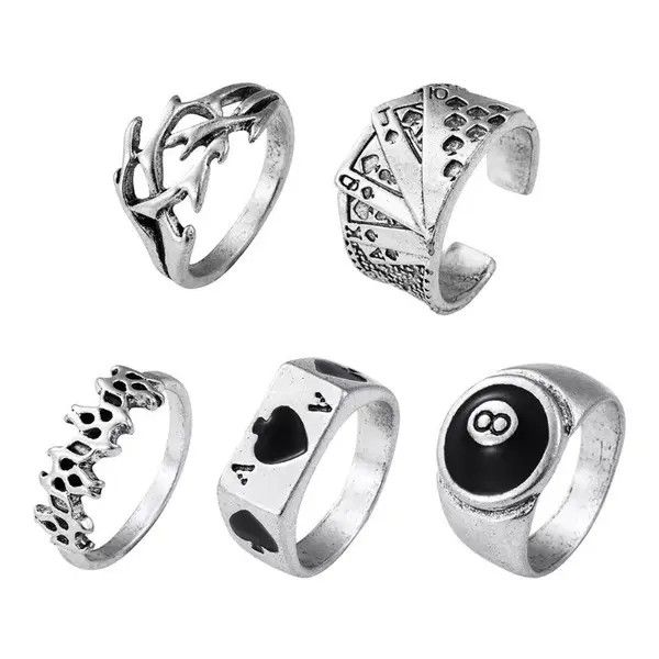 VIBE Ring Set Gothic Punk Rock Playing Cards Size ONE SIZE - 5 Thumbnail