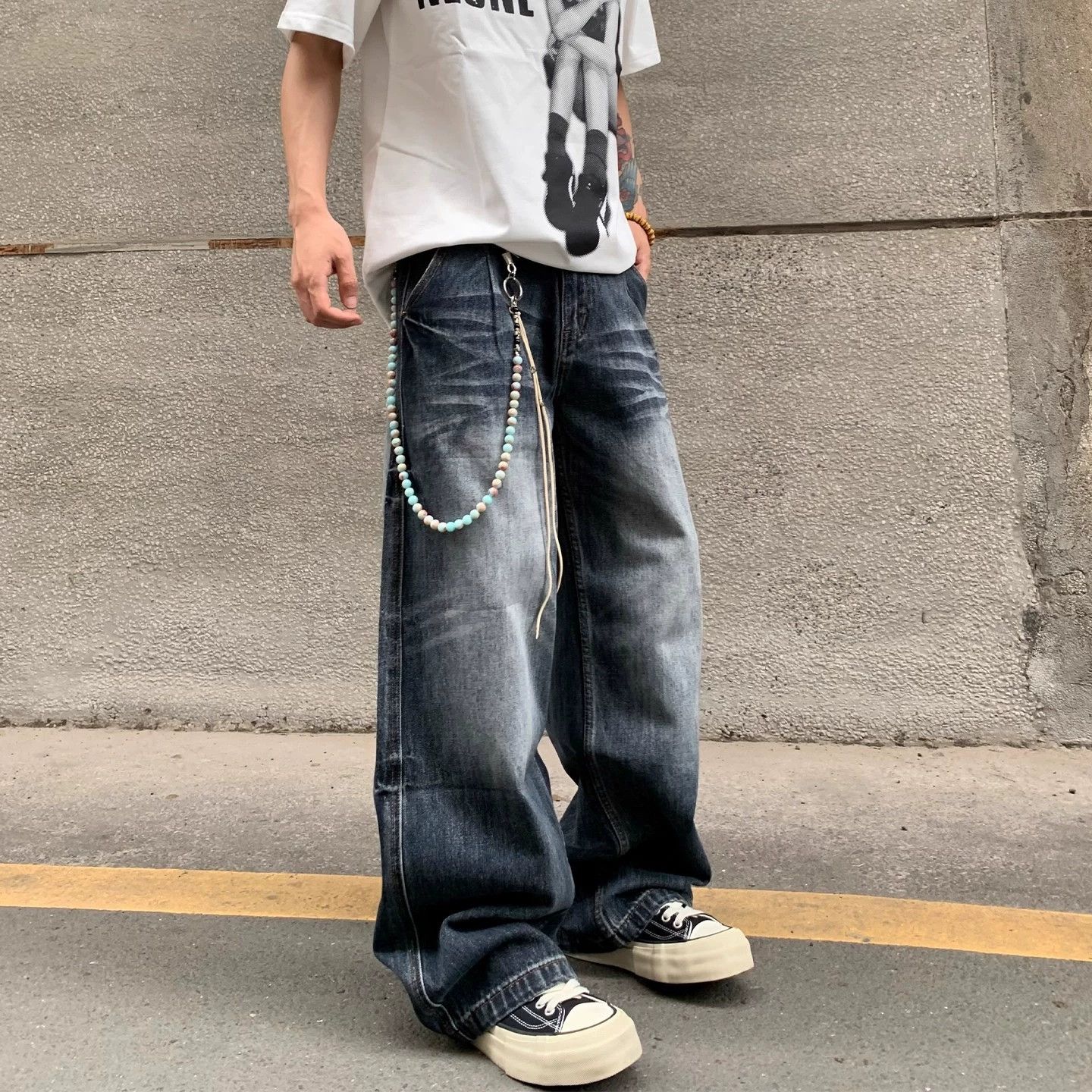 Japanese Brand Men's American Retro Scimitar Washed Straight Baggy Jeans Size US 32 / EU 48 - 2 Thumbnail