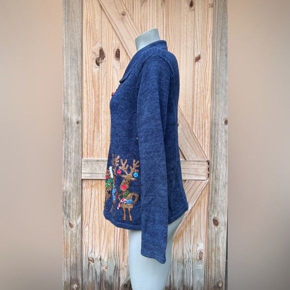 Other Vintage Tiara Blue Reindeer Christmas Cardigan Sweater Size L / US 10 / IT 46 - 5 Thumbnail