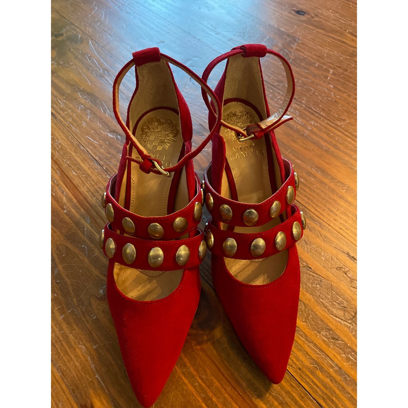 NWOT Vince Camuto Red Ankle Leather Studded Krellen Stiletto Shoes, Women's (Size 5.5)