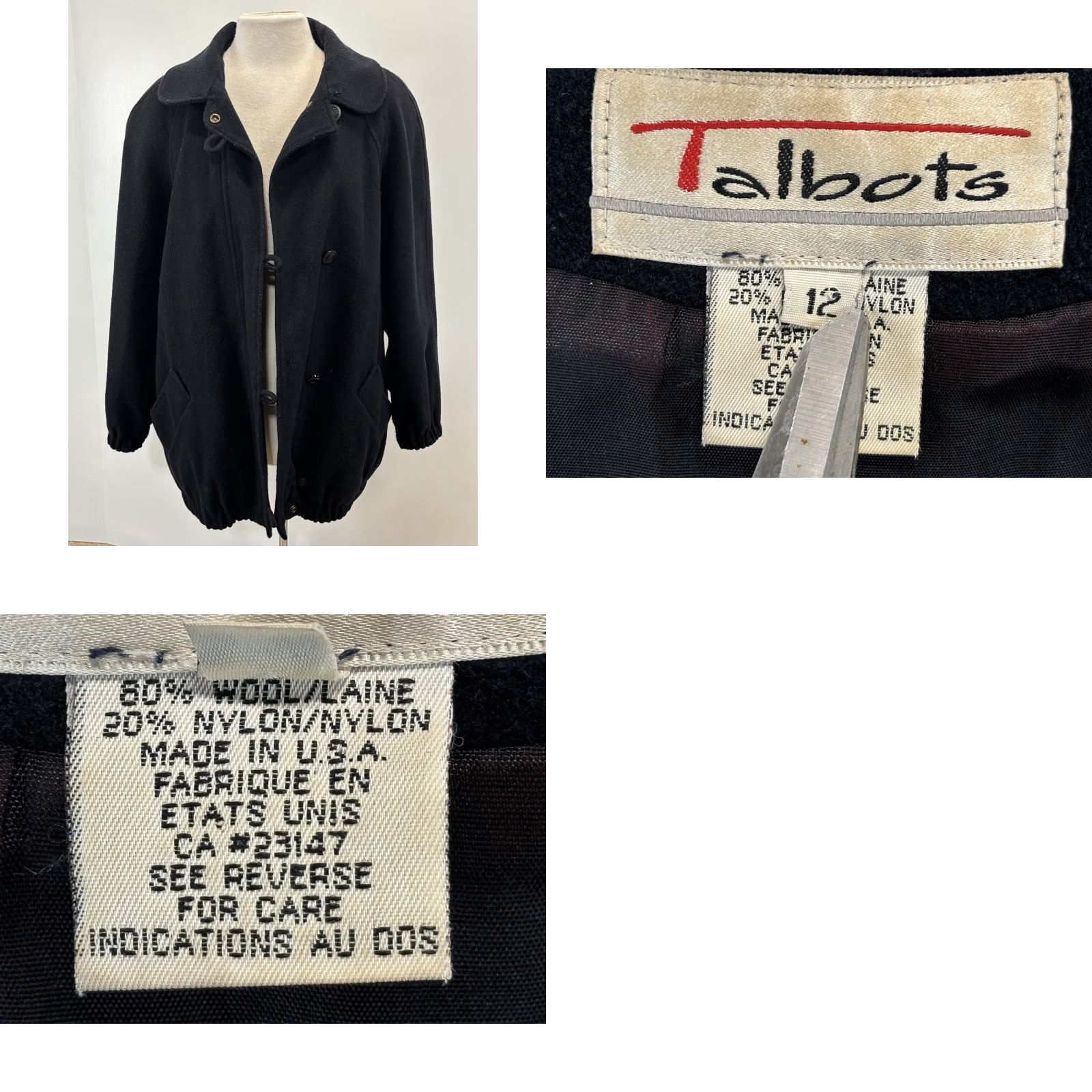 Talbots VINTAGE Talbots Coat Womens 12 Black Peter Pan Collar Button Up Wool Blend Pea Coat 90s USA Mens/Womens Size XL / US 12-14 / IT 48-50 - 8 Thumbnail