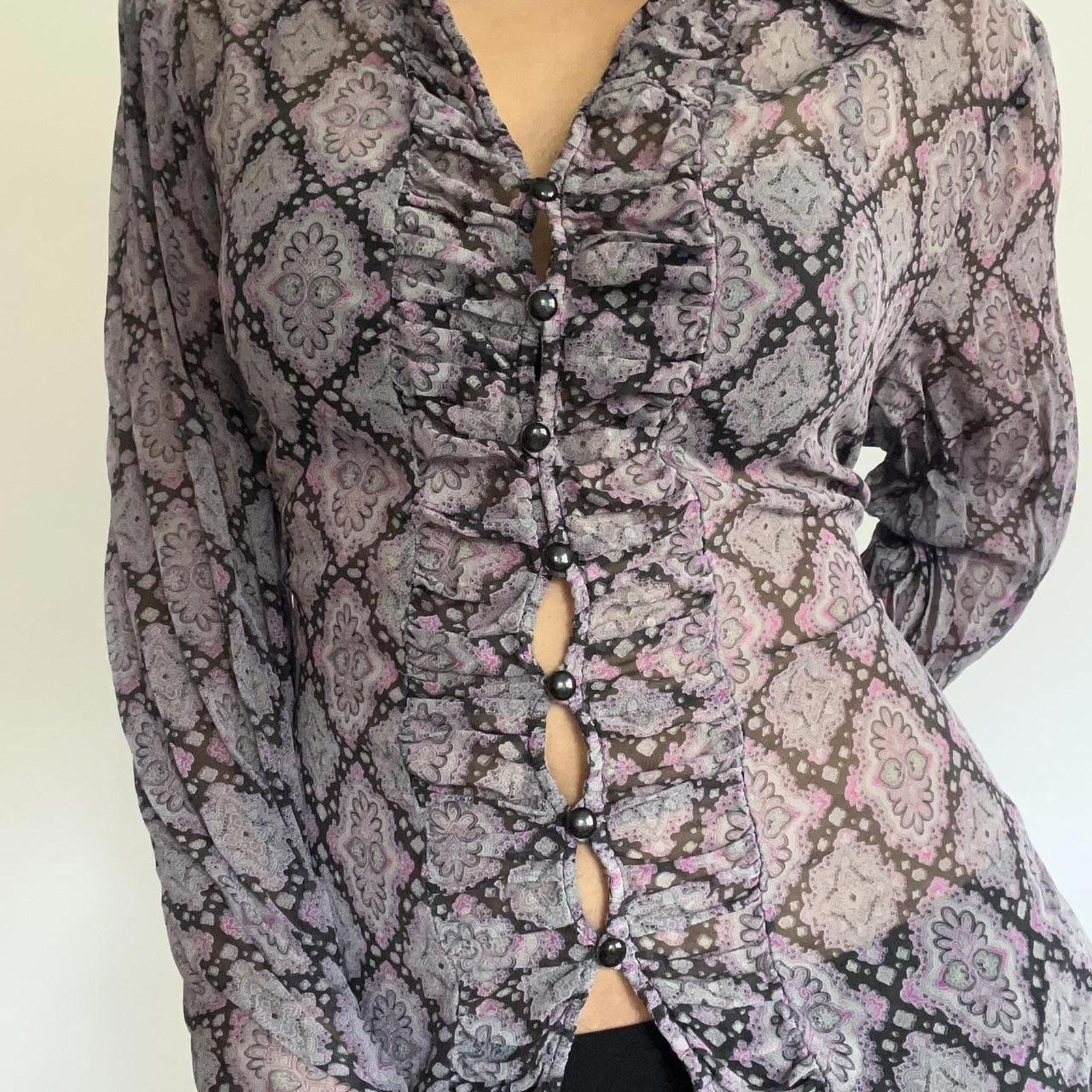 Worthington Purple and black mesh blouse with ruffle details #goth Size S / US 4 / IT 40 - 1 Thumbnail