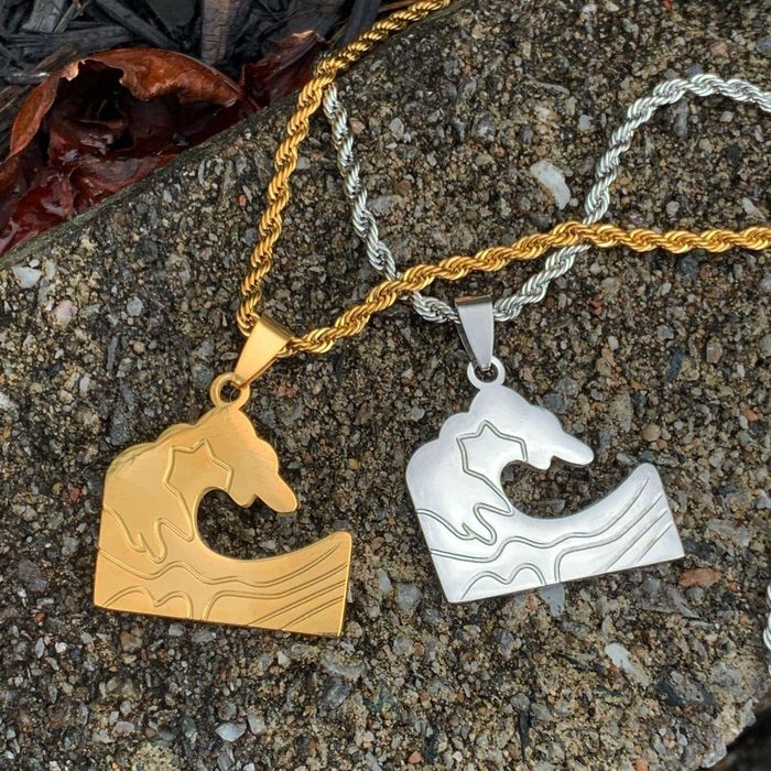 Cuban Link Chain Silver Great Wave Pendant Rope Chain Cuban Chain