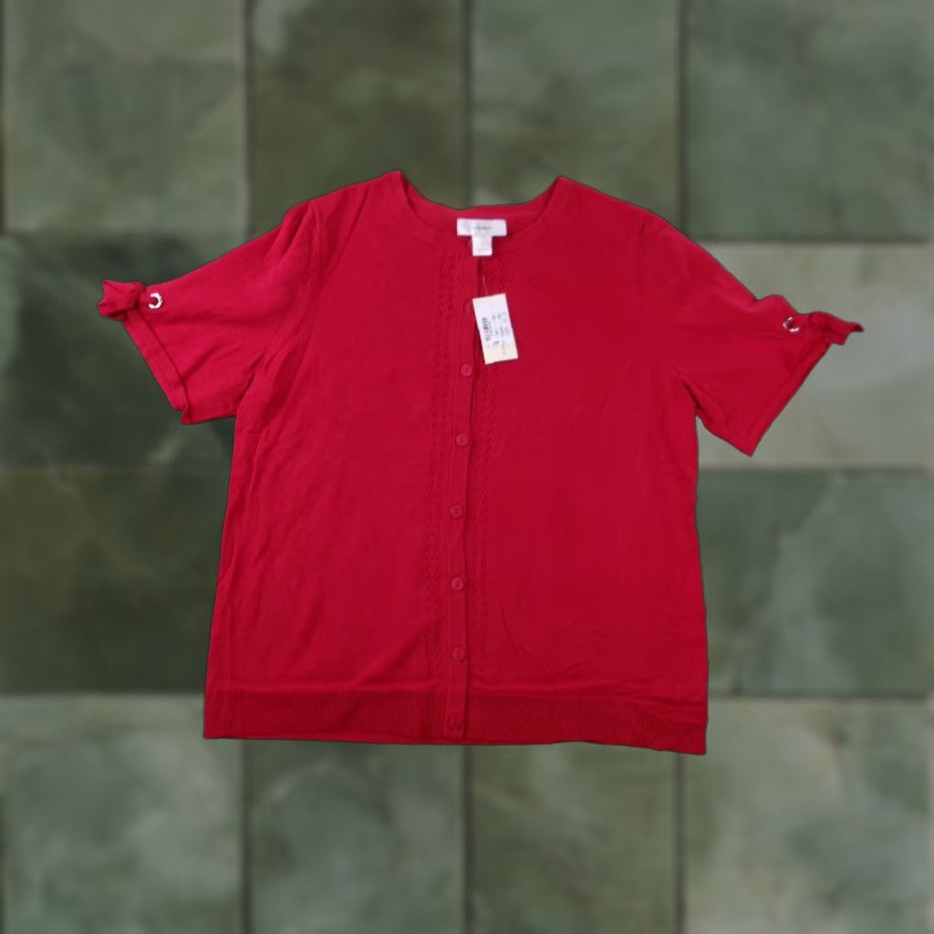 Vintage CJ Christopher Banks Blouse Shirt Woman 0X Red Button Front 3/4 Sleeve Boat Neck Plus Size Casual Business 90s Classic Preppy Womens Size XL / US 12-14 / IT 48-50 - 1 Thumbnail