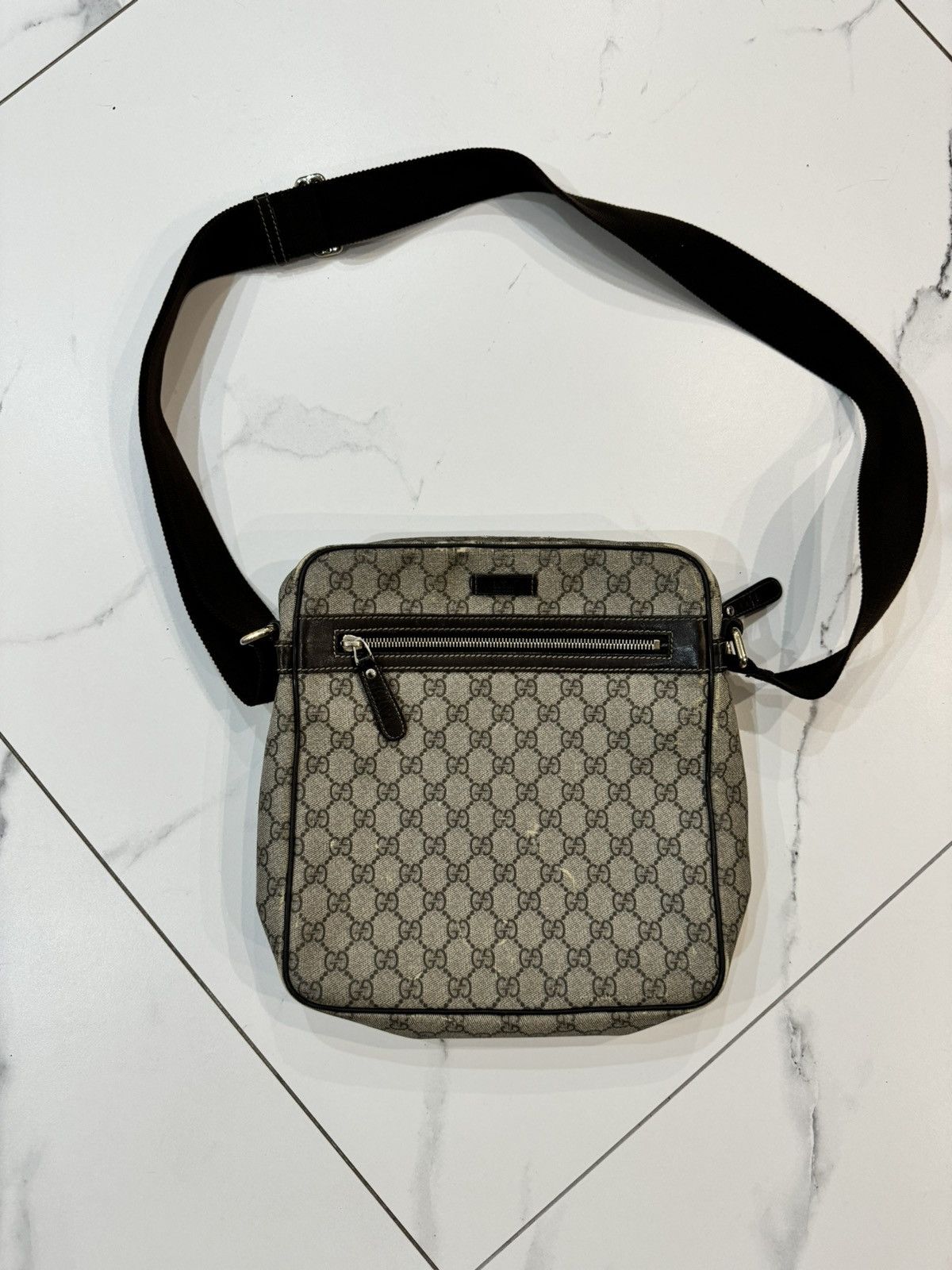 Gucci Diamond Supreme Monogram Web Shoulder Bag Y2K Mid2000 in Beige, Men's