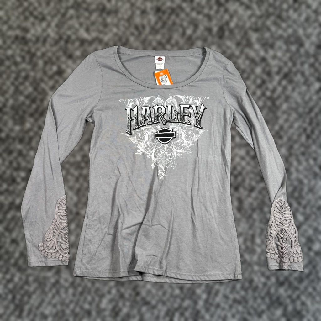Harley Davidson T-Shirt Women Long Sleeve Gray Embroidered Motorcycle Skull Casual product