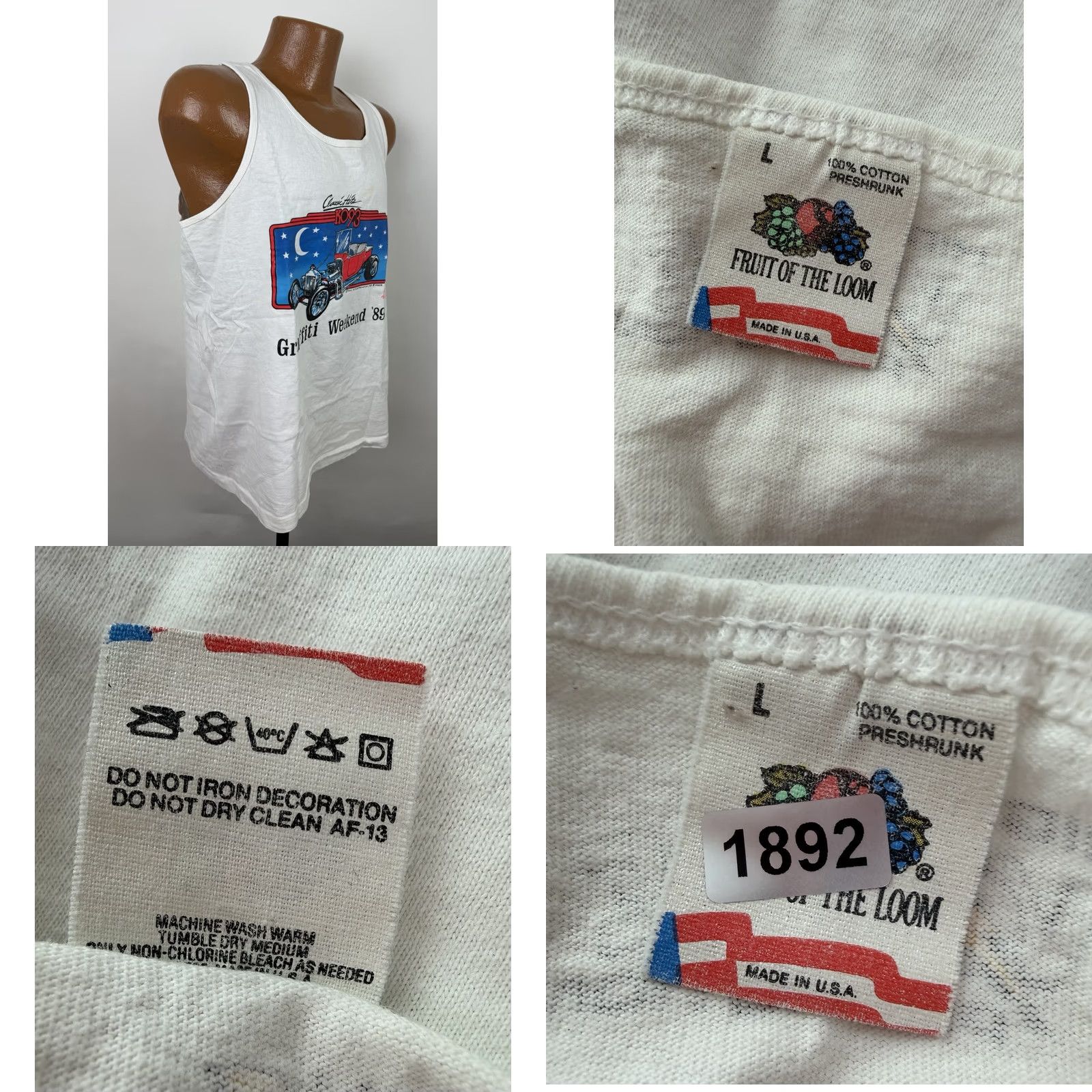Fruit Of The Loom VINTAGE Hot Rod Cars Grafitti Tank Top Mens Large 80s Weekend Car Show White Size US L / EU 52-54 / 3 - 9 Thumbnail
