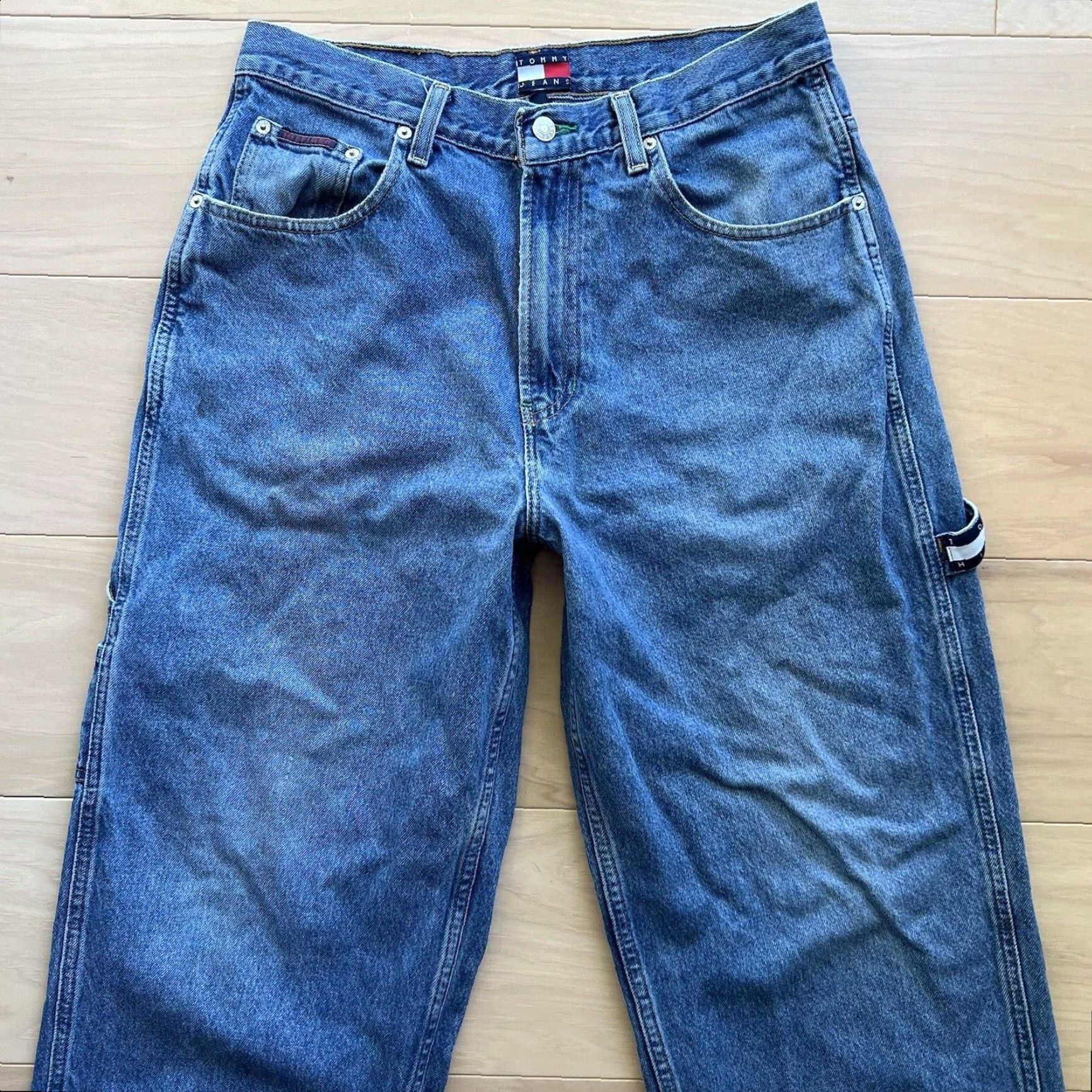 Tommy Hilfiger VINTAGE Tommy Hilfiger Carpenter Jeans 31x28 Blue 90s Baggy Skater Streetwear Mens Jeans Size US 31 - 3 Thumbnail