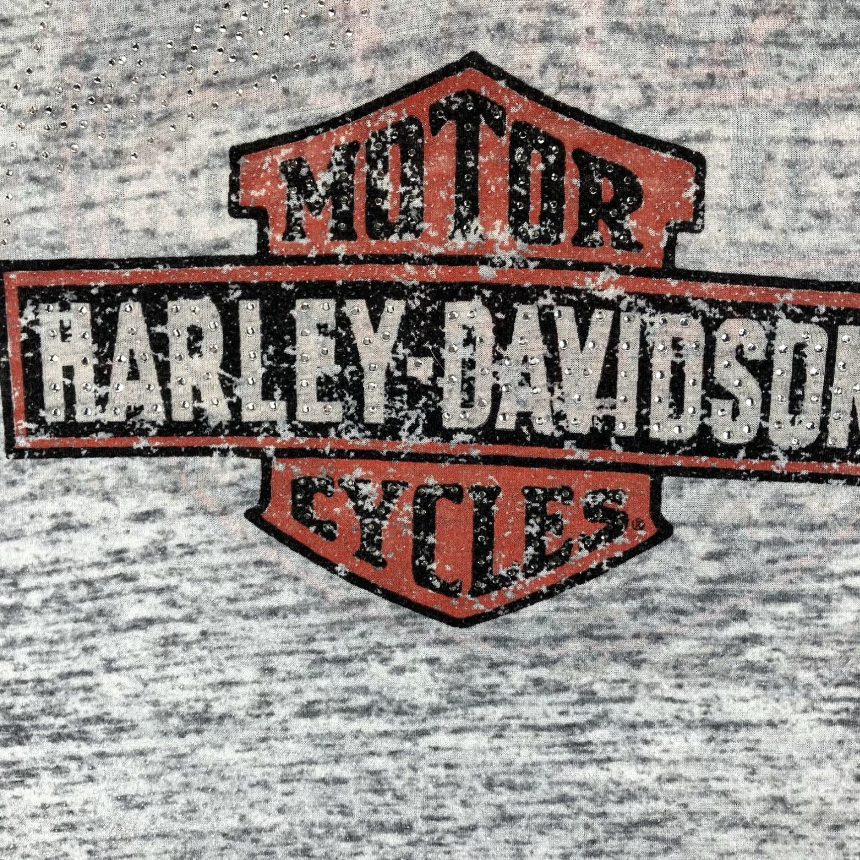 Harley Davidson Harley-Davidson T-Shirt Women Gray V-Neck Short Sleeve Angel Rhinestones 90s Retro Biker Large Ladies Size L / US 10 / IT 46 - 7 Thumbnail
