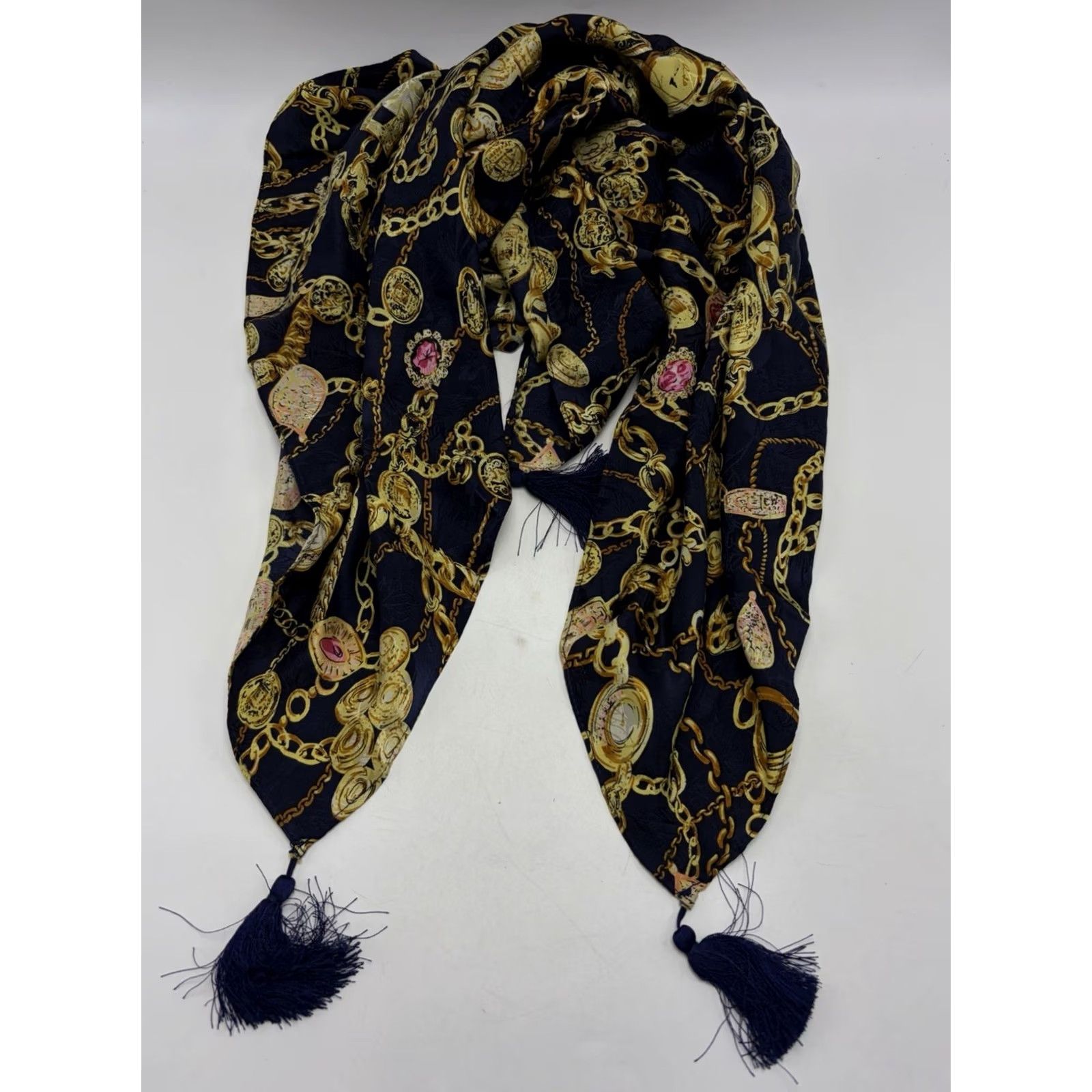 Vintage Vintage Diane Freis Silk Scarf Large Blue Yellow Chain Print Jewelry Motif Shawl Size ONE SIZE - 3 Thumbnail