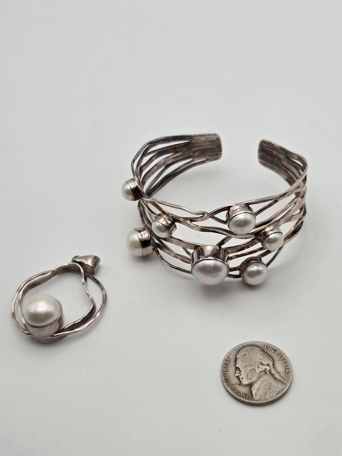 J.S. Homestead Sterling Pearl Cuff Bracelet & Pendant Set Size ONE SIZE - 1 Thumbnail