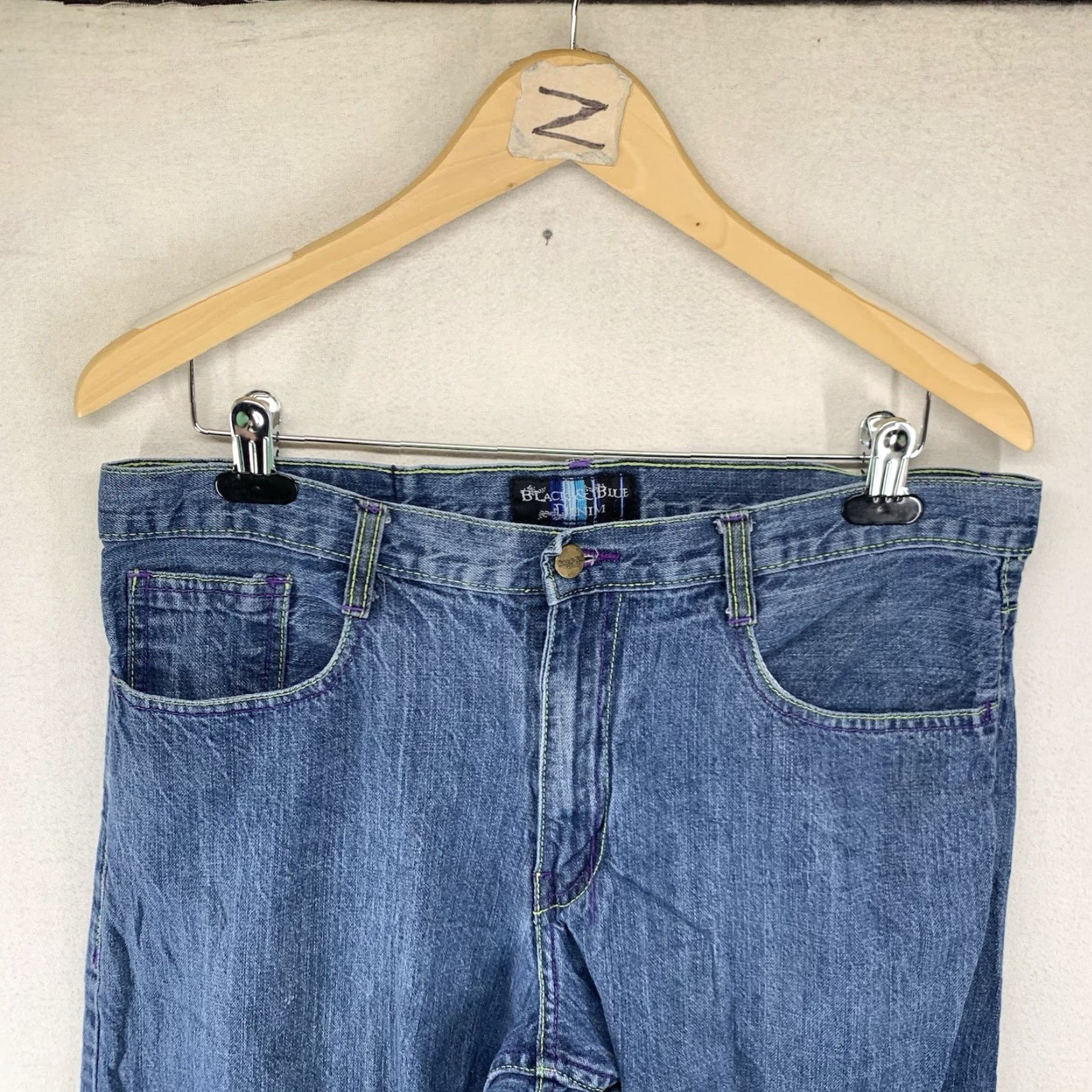 Vintage Vintage Men’s Y2K Skater Jeans Wide-Leg 35x33 Denim Blue Neon Green Purple Stitching Size US 34 / EU 50 - 5 Thumbnail