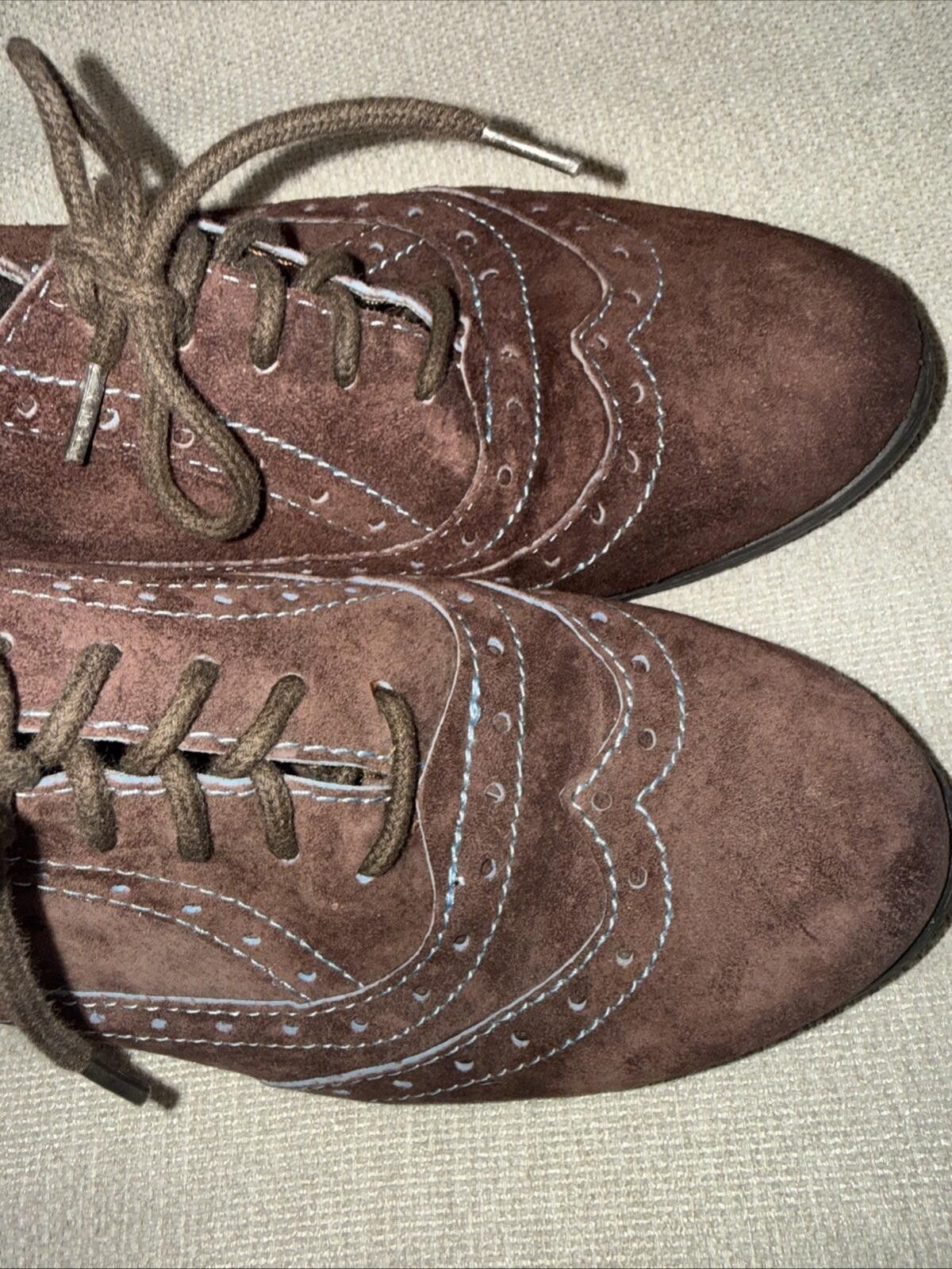 Born Born Suzette Wingtips Brown Suede Oxford Flat Blue Stitching Size US 8 / IT 38 - 4 Thumbnail