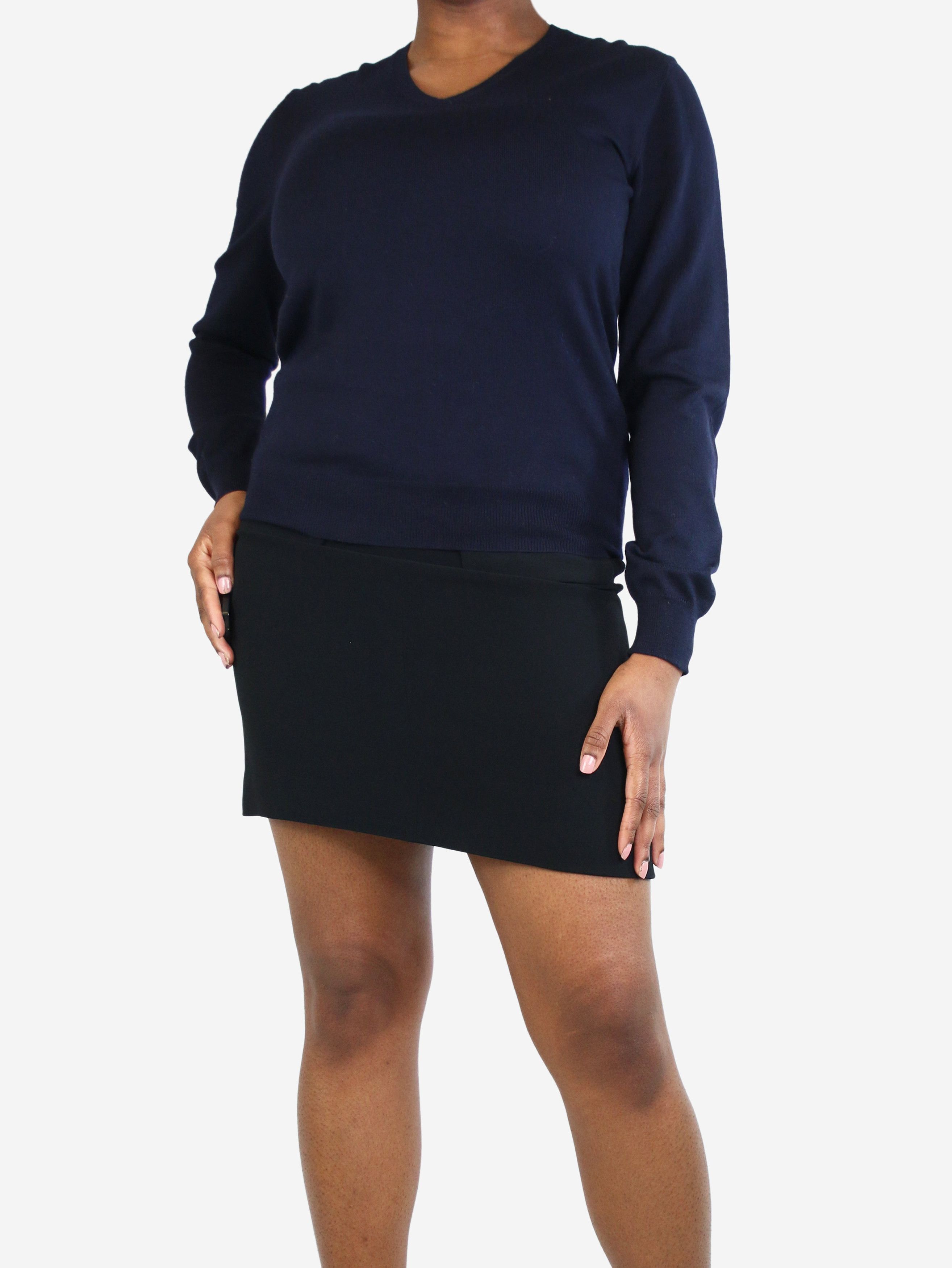 image of Prada Navy V-Neck Light-Weight Knit Sweater - Size It 46, Women's