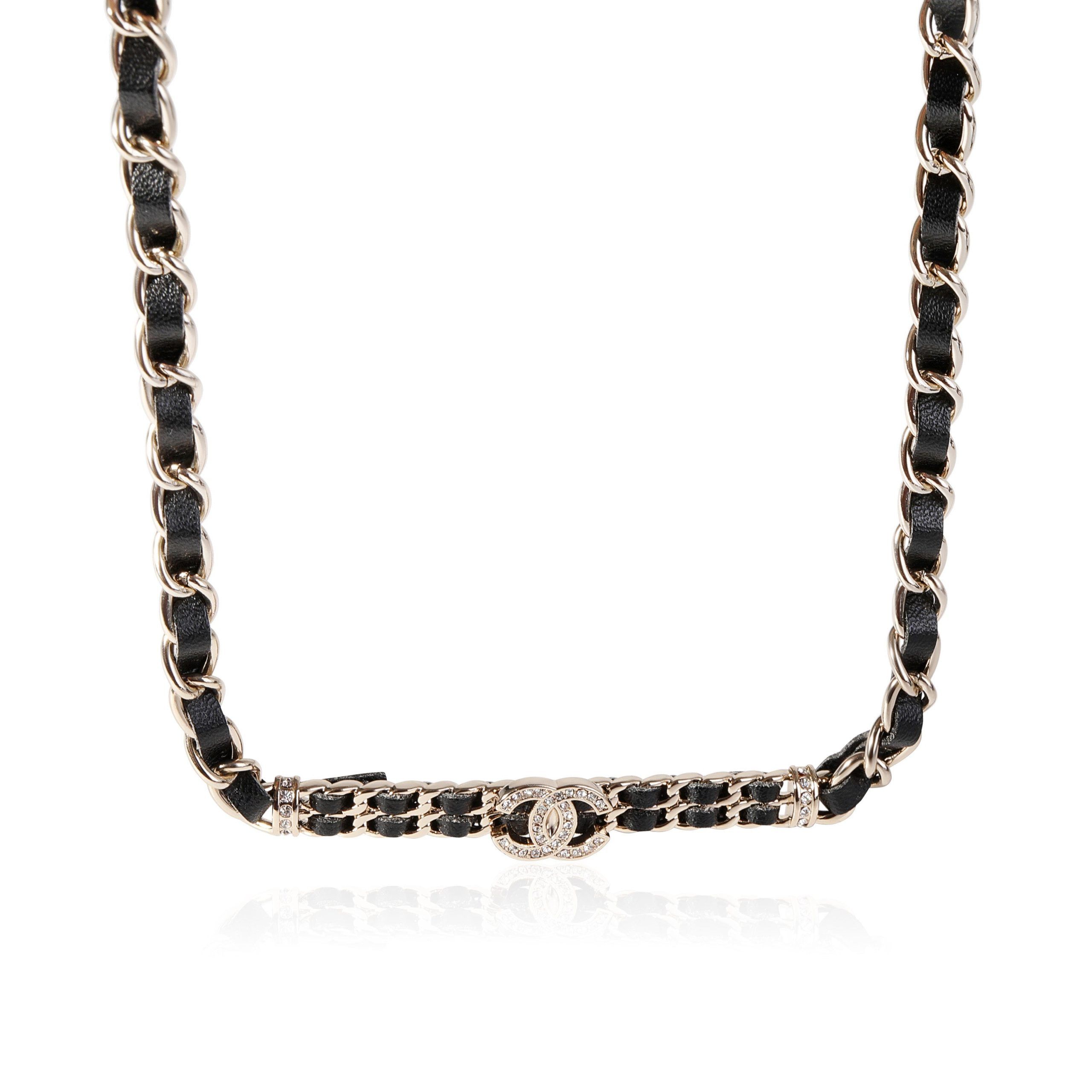 Silver Tone Chanel Leather Chain Choker With Strass CC Necklace