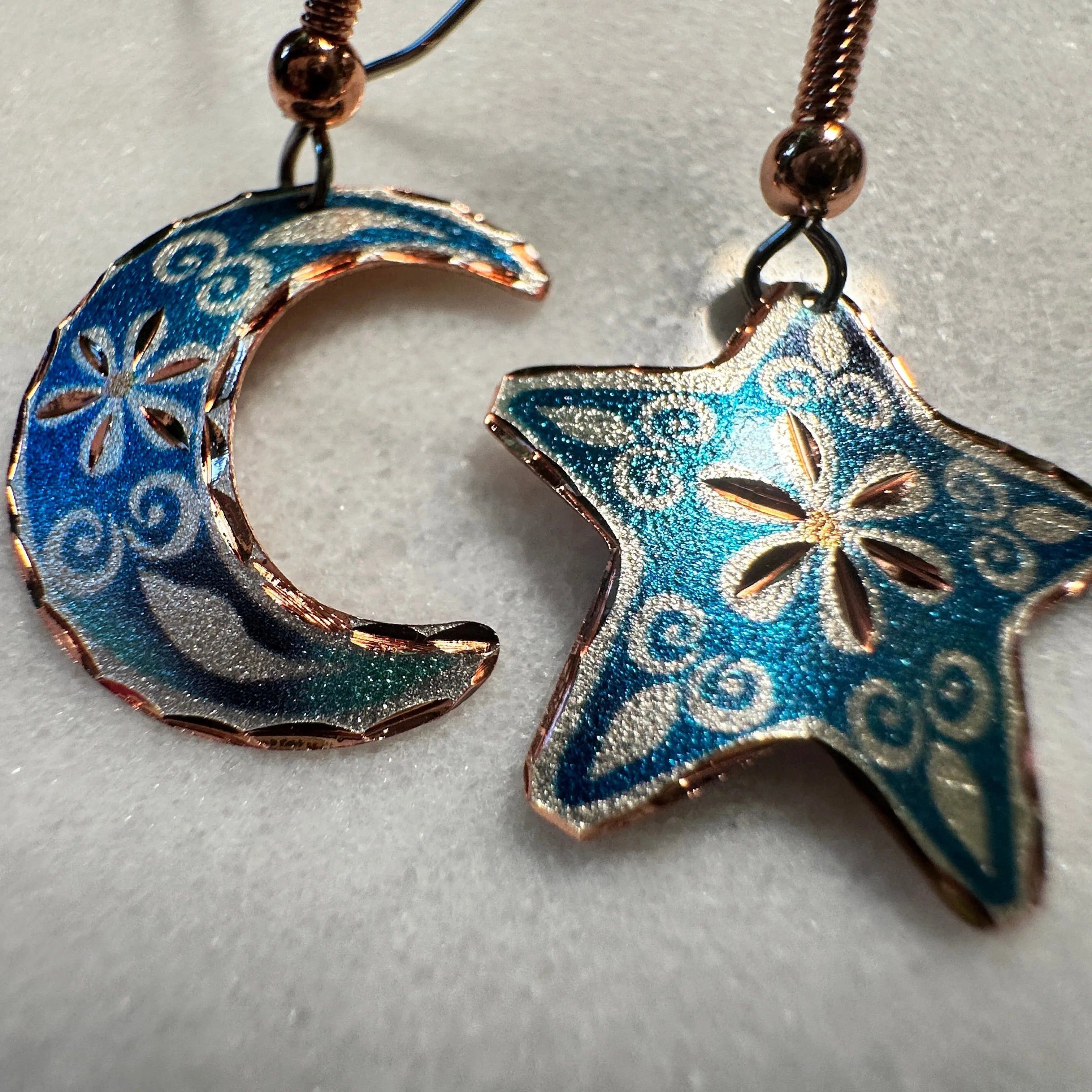 Other Handcrafted Blue Moon & Star Earrings, Wire Drop Copper Diam Size ONE SIZE - 3 Thumbnail