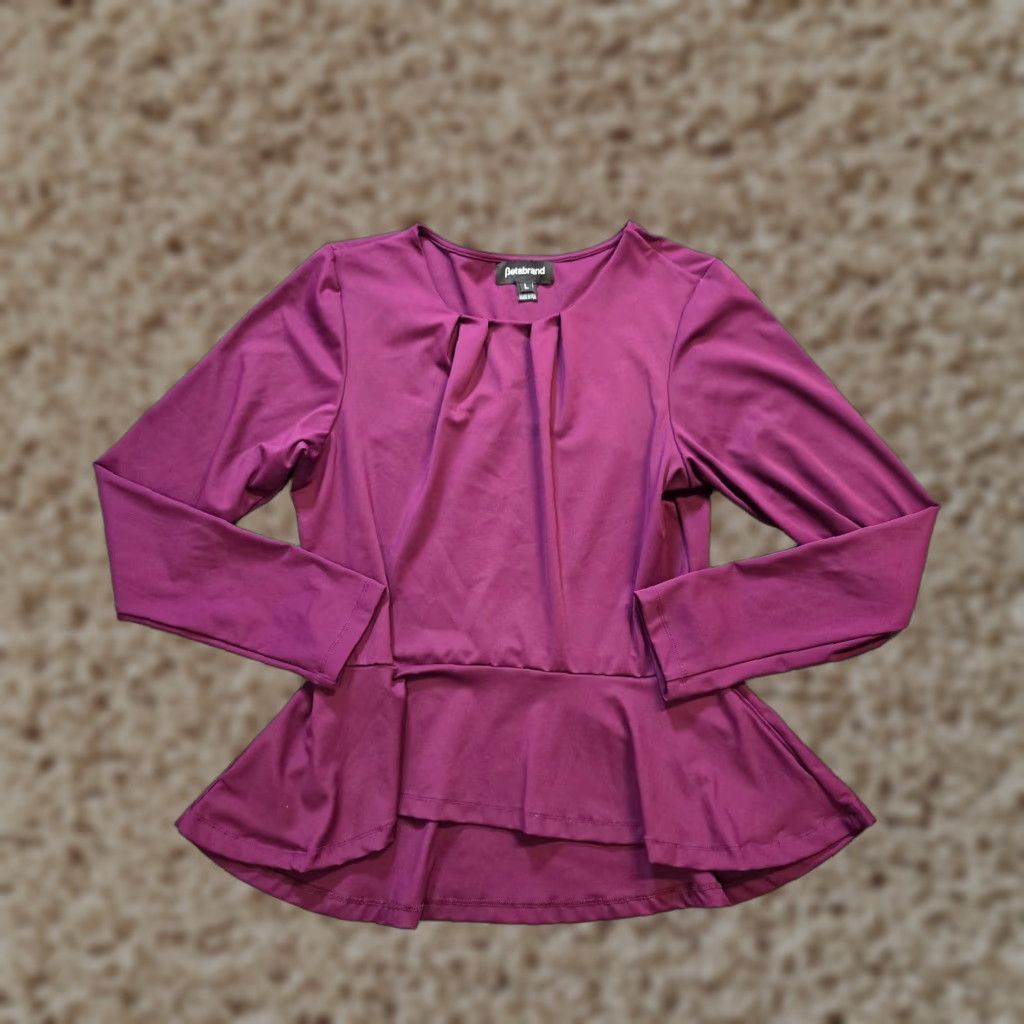 Vintage Betabrand Top Womens L Purple Peplum Stretch Performance Career Modest Blouse Knit Long Sleeve Round Neck Casual Shirt Women Regular Size L / US 10 / IT 46 - 1 Thumbnail