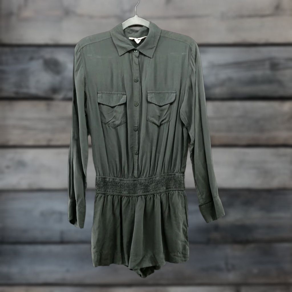 BCBGeneration VINTAGE BCBGeneration Romper Women's S Long Sleeve Collared Button Front Bohemian Green Rayon Utility Spring Summer Size S / US 4 / IT 40 - 1 Thumbnail