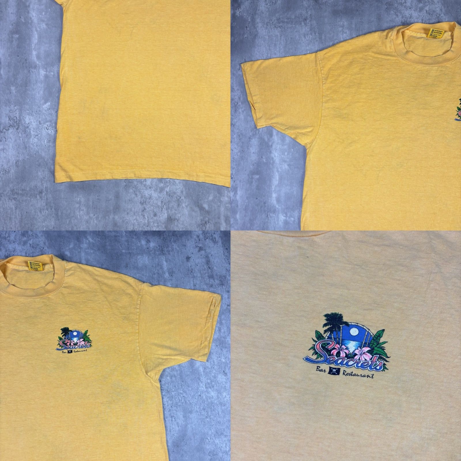 Anvil VINTAGE Seacrets Bar Promo T Shirt Yellow Dyed Single Stitch Adult XL 1990s Art Crew Neck Short Sleeve Cotton Anvil Men Size US XL / EU 56 / 4 - 9 Thumbnail