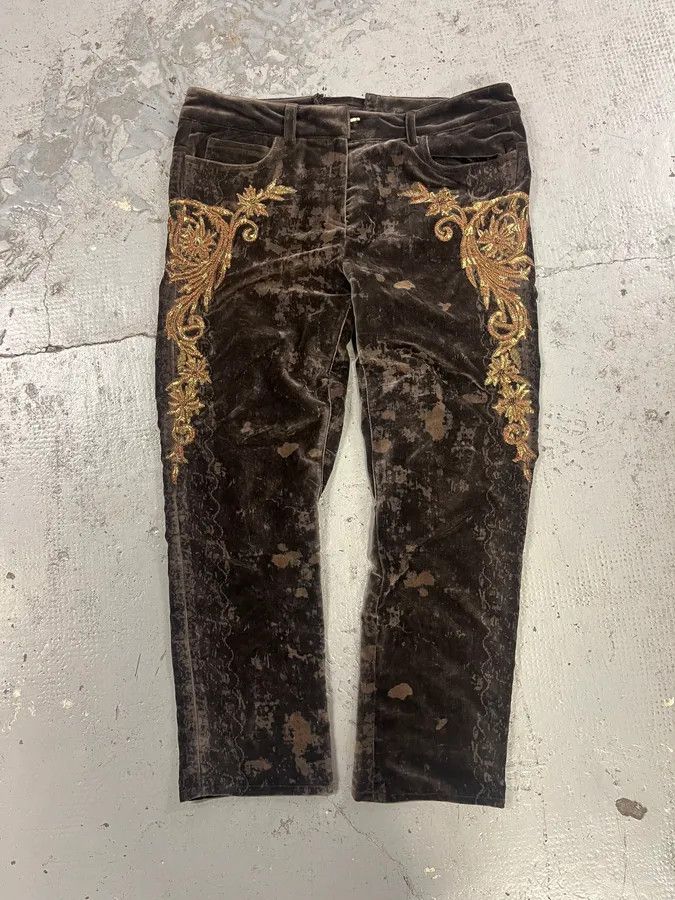 Roberto Cavalli 2000s Roberto Cavalli Wings Brown Velvet Pants Size 22" - 2 Thumbnail