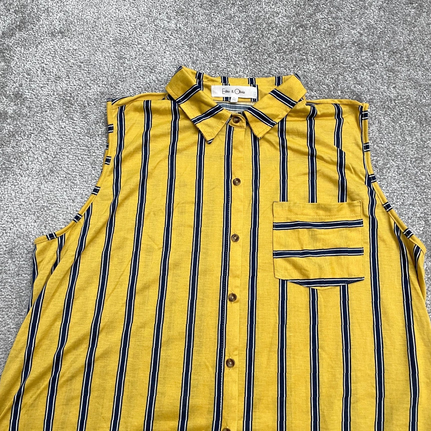 Vintage Eden & Olivia Button Down Shirt Blouse Women Large Yellow Blue Stripe Sleeveless Shirt Size L / US 10 / IT 46 - 5 Thumbnail