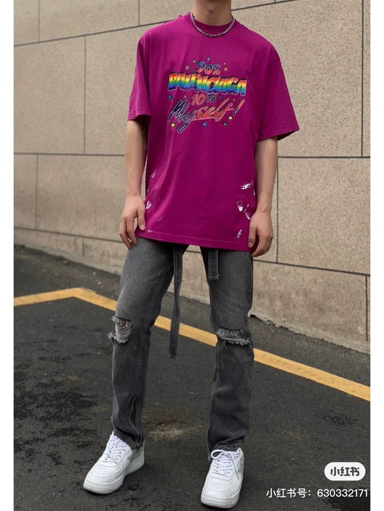 Balenciaga Pink water-wash distressed ink short-sleeve