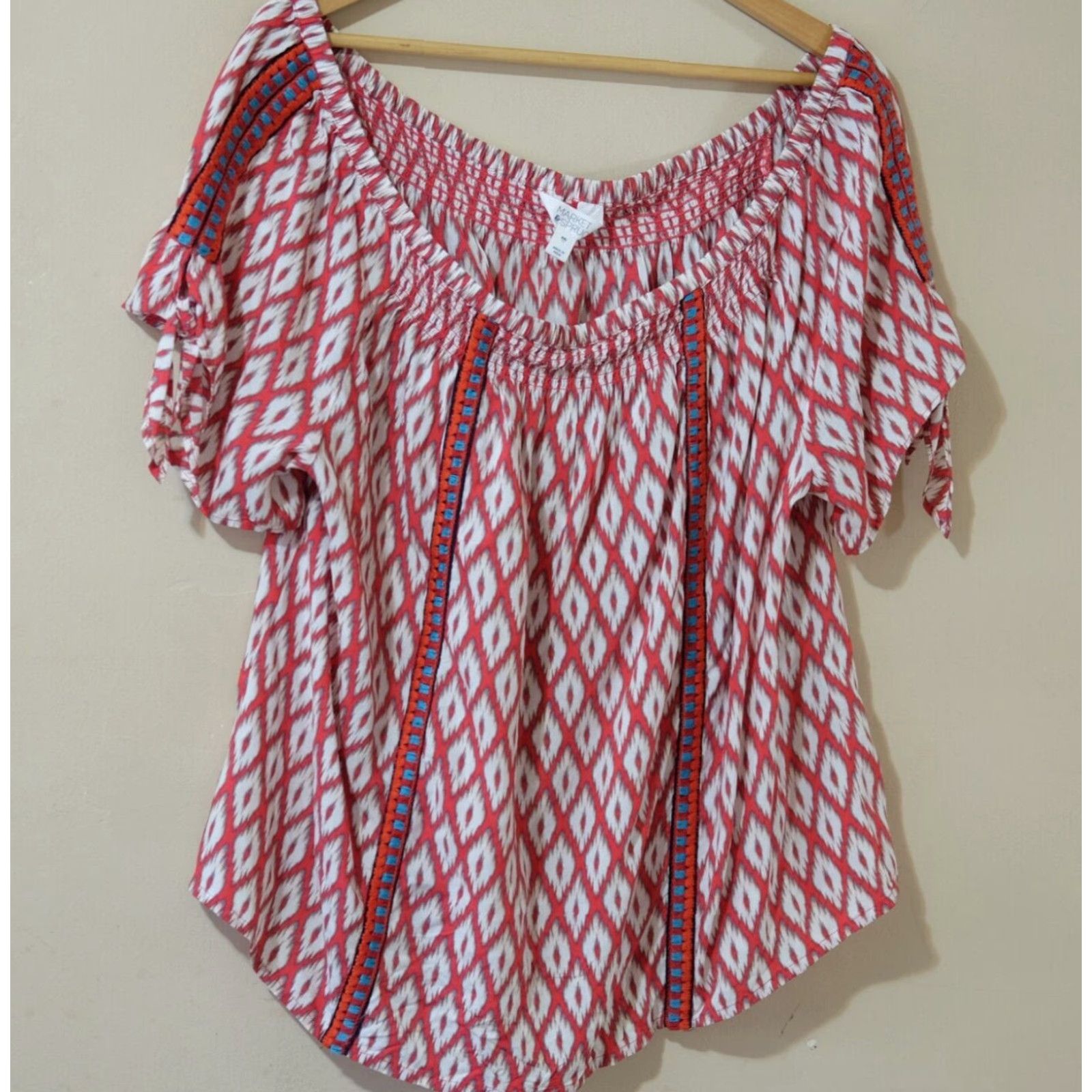 Market Market & Spruce Tie Detail Off The Shoulder Blouse Embroidered XXL Multicolor Short Sleeve Shirt Womens Plus Size Size XXL / US 16-18 / IT 52-54 - 2 Thumbnail