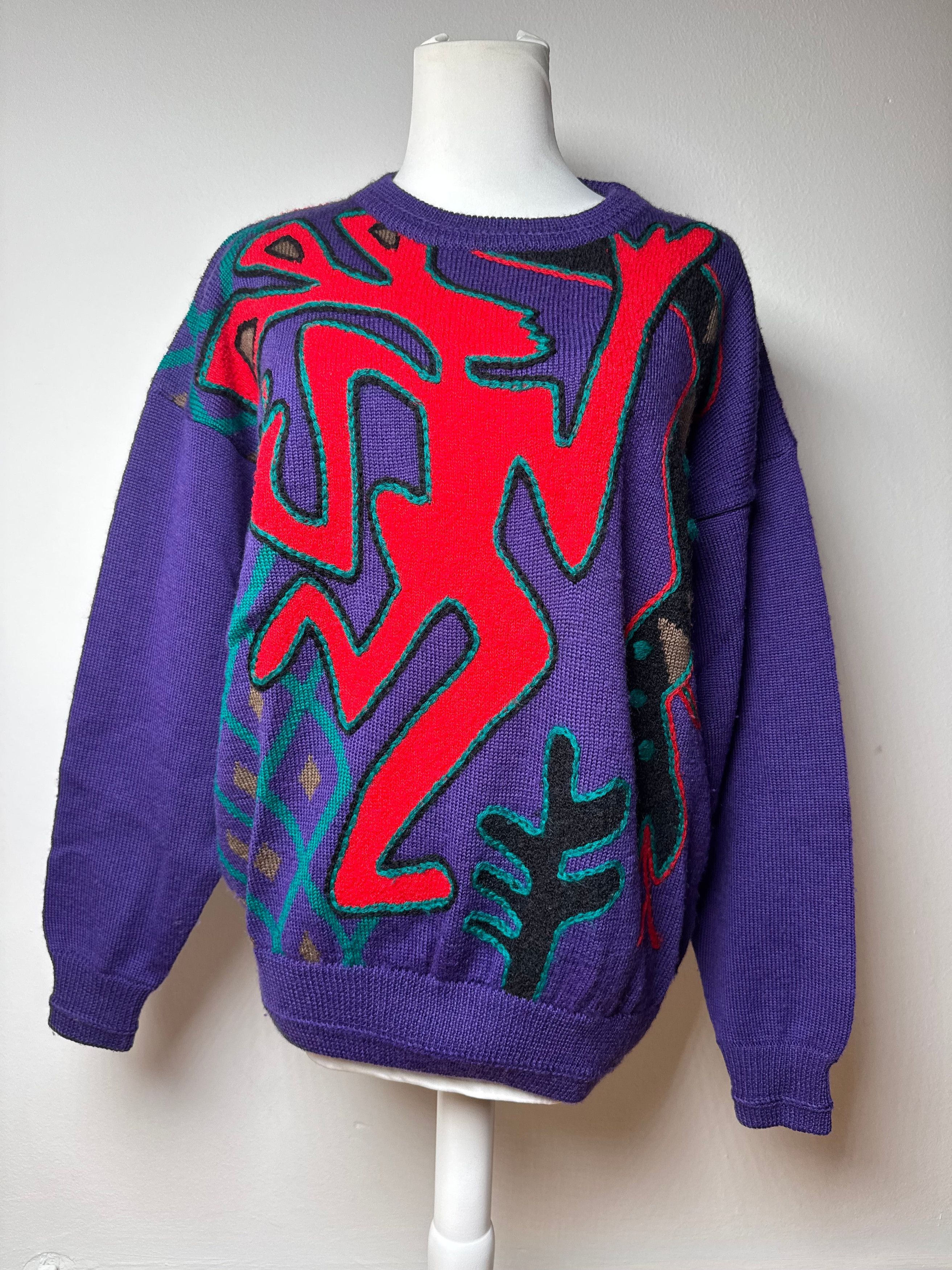 Kansai Yamamoto Vintage Kansai Wool Sweater Abstract Purple red Green M Size S / US 4 / IT 40 - 1 Thumbnail