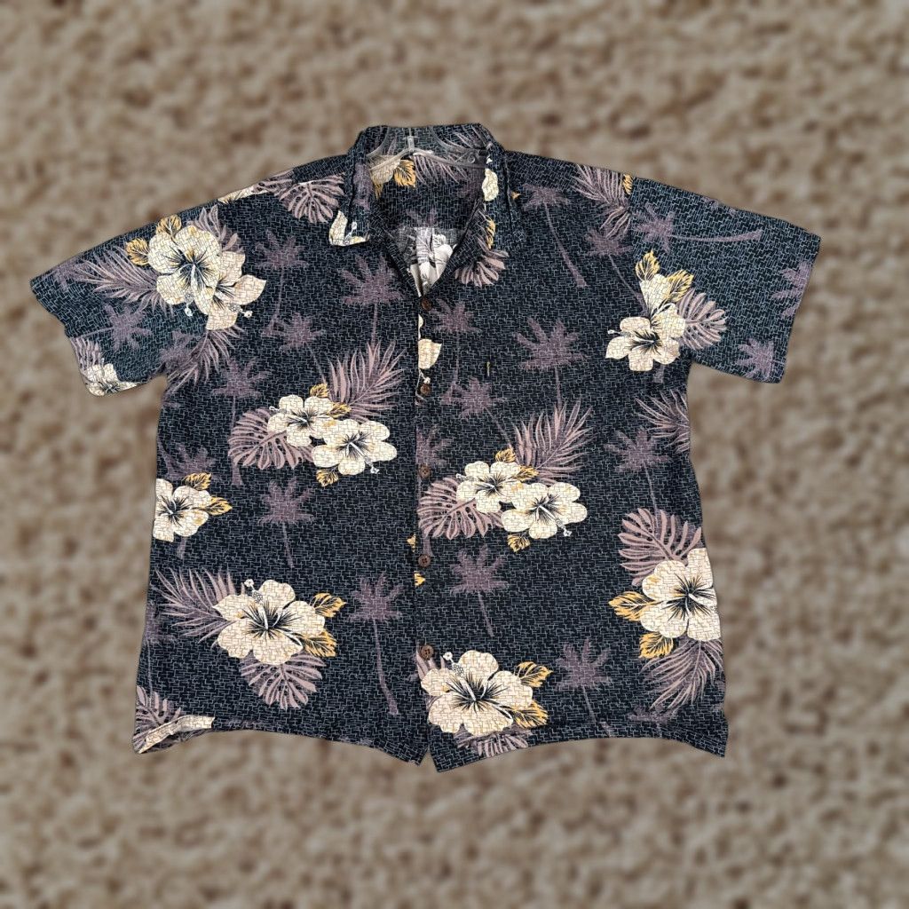 Vintage Palmwave Shirt Men XL Black Yellow Floral Palm Leaf Cotton Hawaiian Button-Up - Resort Vacation Aloha 90s? Size US XL / EU 56 / 4 - 1 Thumbnail