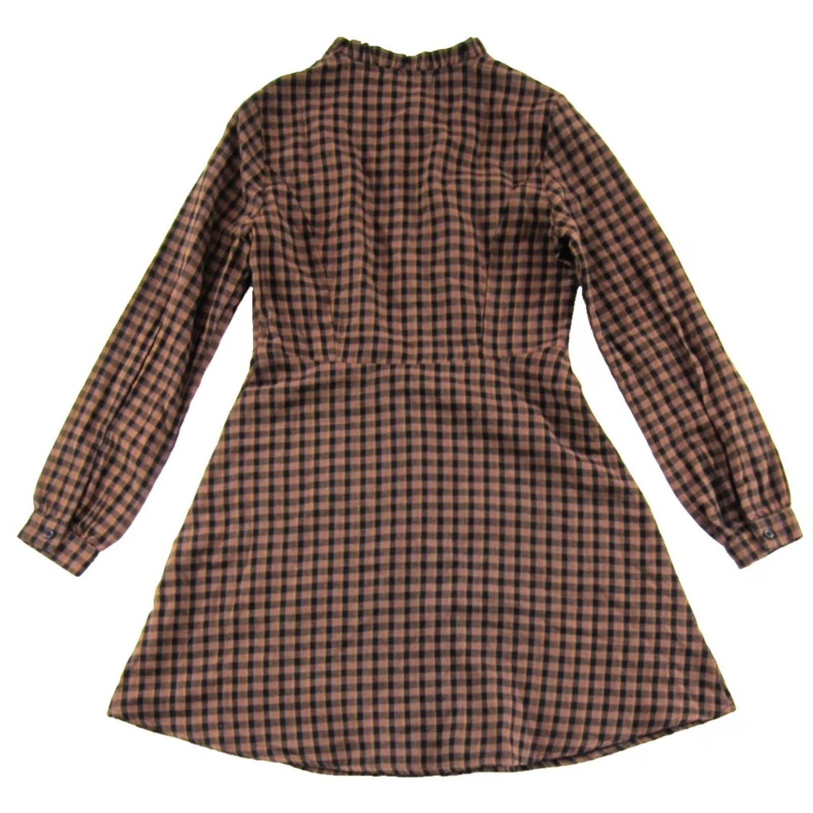 Vintage Allegra K Dress Shirt Brown Black Plaid High Ruffle Neck Button Down Long Sleeve XS Women’s Size XS / US 0-2 / IT 36-38 - 2 Thumbnail