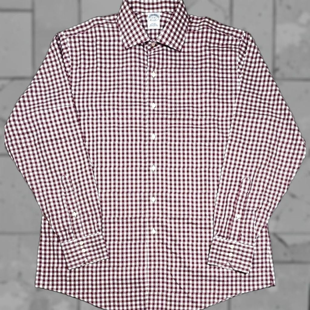 Brooks Brothers Brooks Brothers Dress Shirt Maroon White Long Sleeve - 17-36 Gingham Men Regular Button Up Shirt Size 46R - 1 Thumbnail